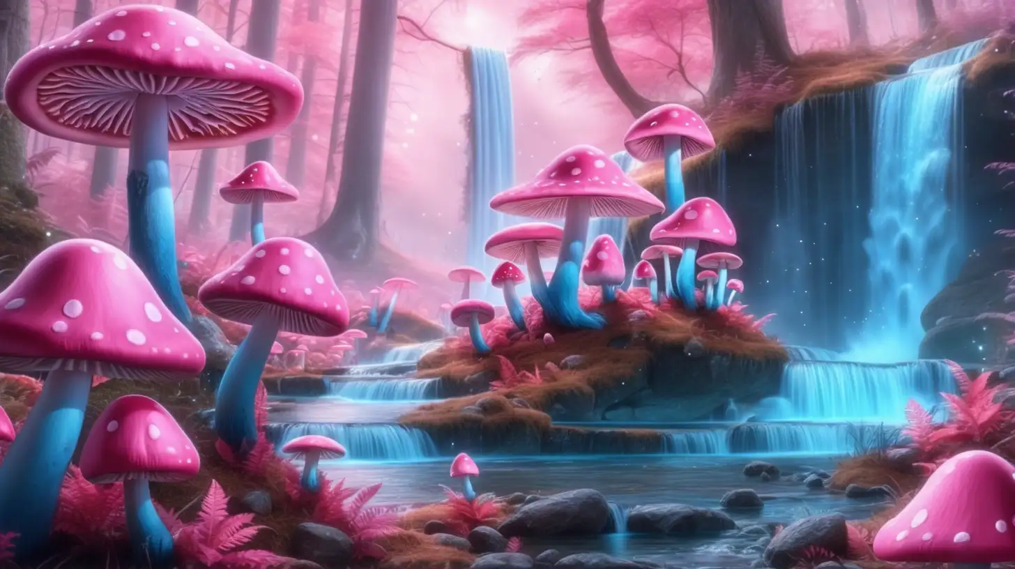pink mushrooms and blue waterfall magical forest