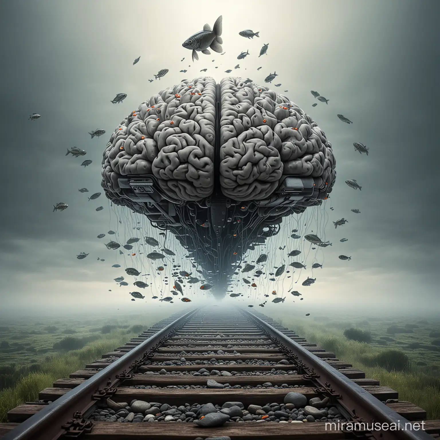 A brain is railways, with floating trains, and walking fish.