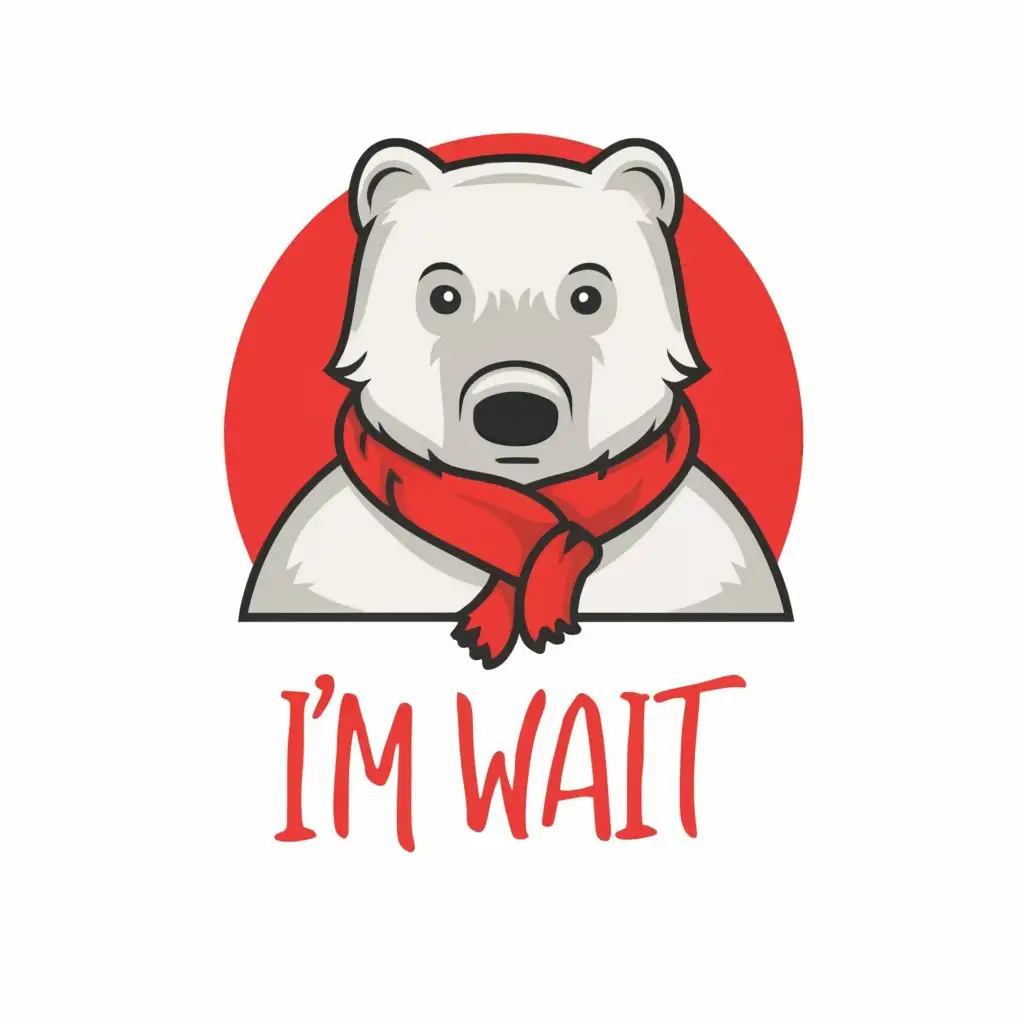 logo, waiting white bear with a red scarf, with the text "I'm wait", typography