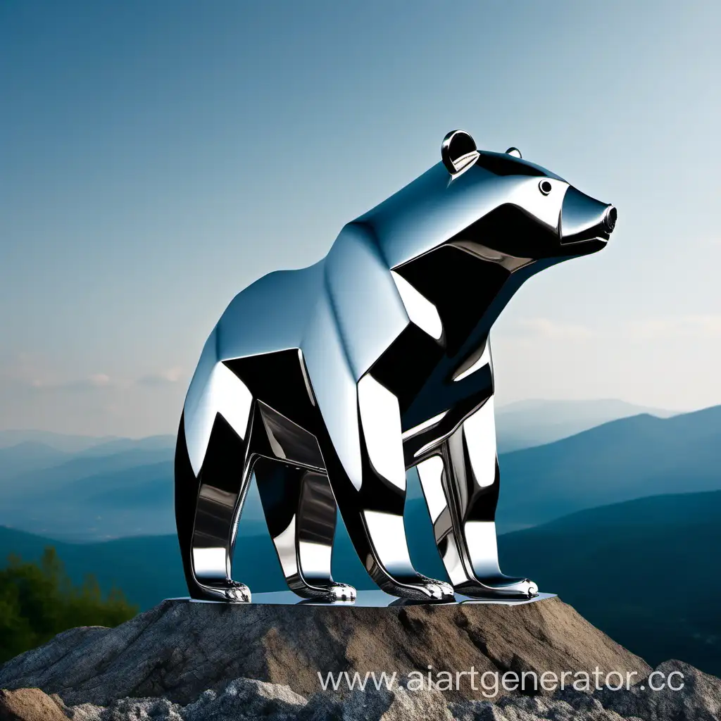 The bear made of stainless steel, shiny, stands on the mountain