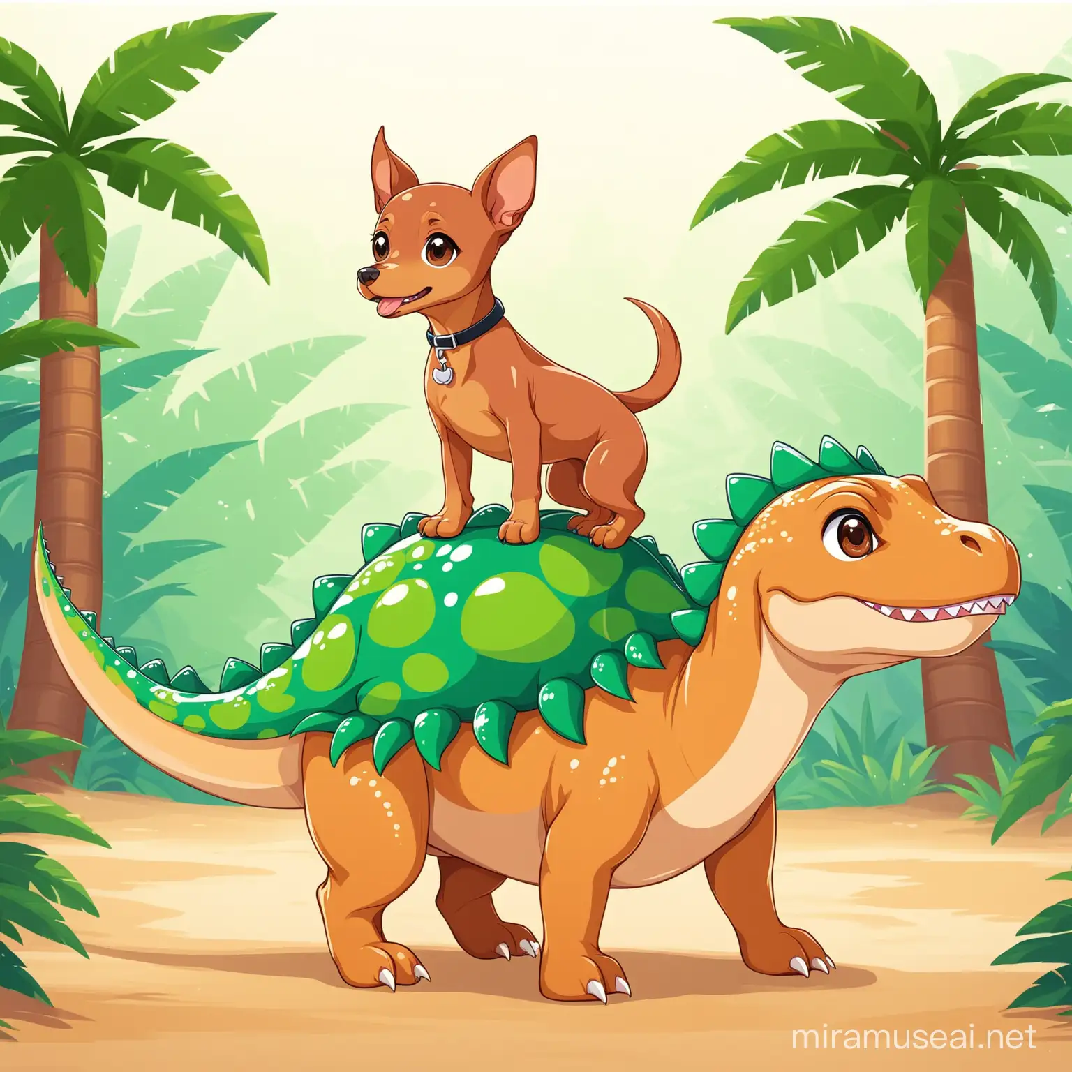 cute light brown pinscher riding a dinosaur