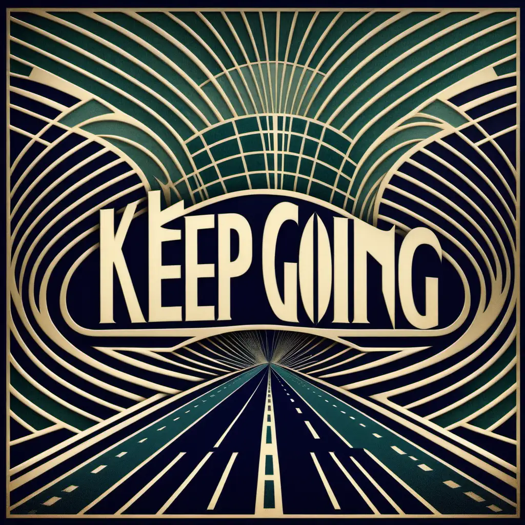 an elegant design inspired by Art Deco, featuring a road like pattern with the words "keep going" reminiscent of the roaring twenties. --v 4