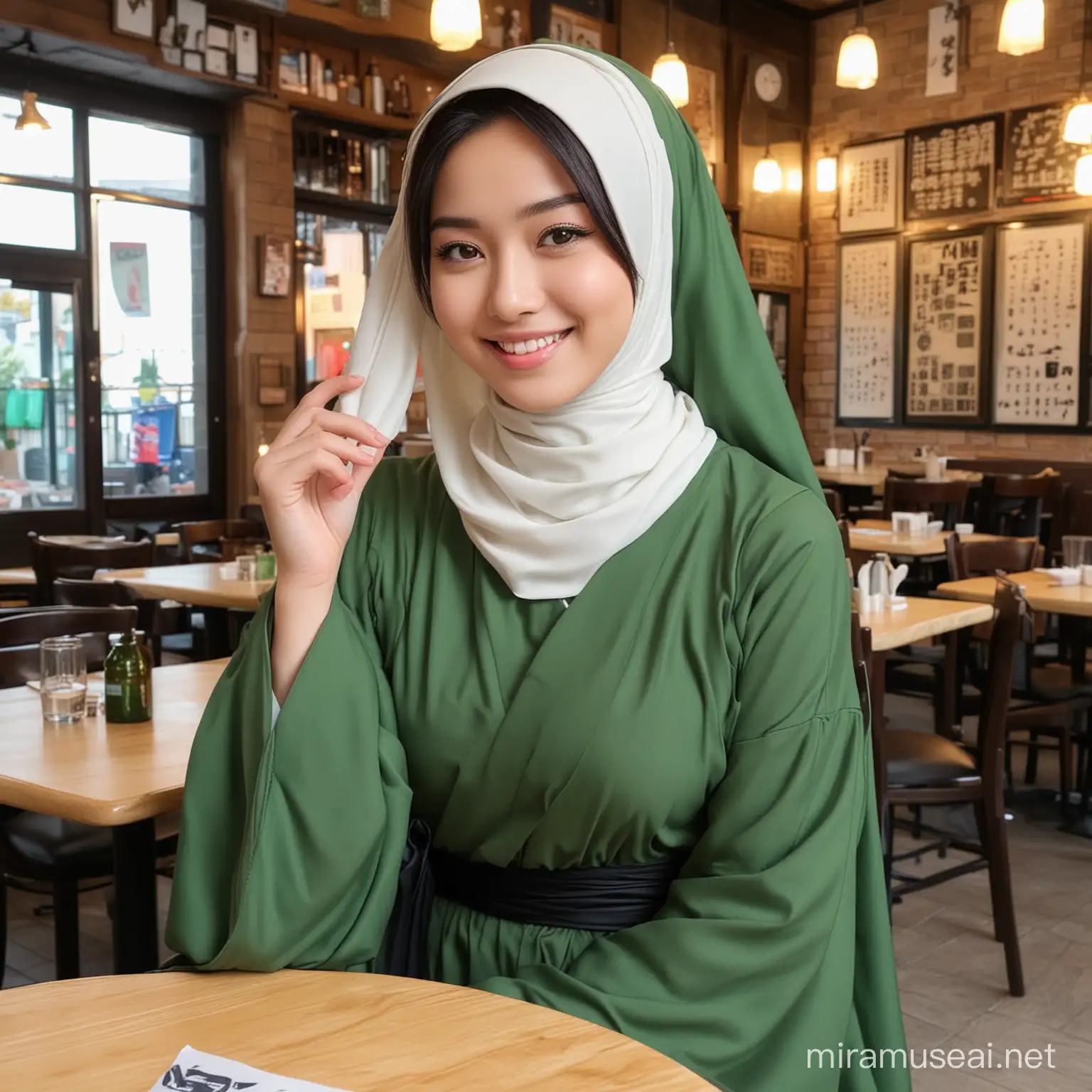 Realpict beautiful muslim, hijab, twirling hijab, fully covered robe, 16 years old japanese girl, 165cm height, natural big breast, green matte hijab, in a busy restaurant, looking to viewer, smile face, black hair, casual dress white, dinamic, reality, high quality, UHD high quality, (Skin details:1.3) resolusion UHD 40K