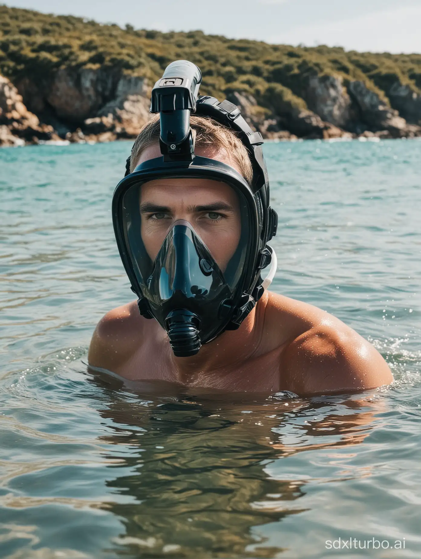 A man wearing a full-face snorkel mask in the sea