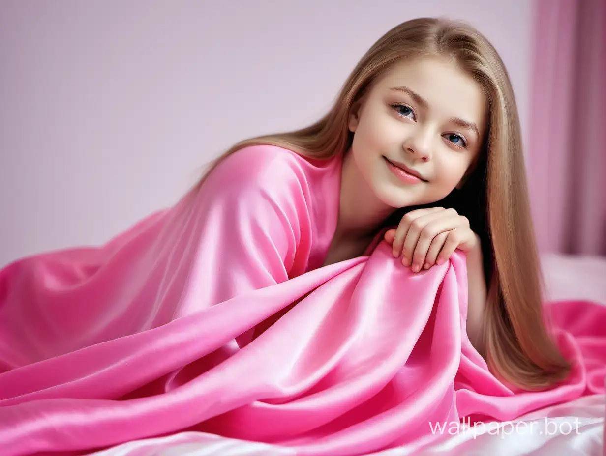 Tender, modest, sweet cutie Yulia Lipnitskaya with long, straight, silky hair lies under a bright pink silk blanket on a bright pink silk pillow and tenderly, angelically smiles