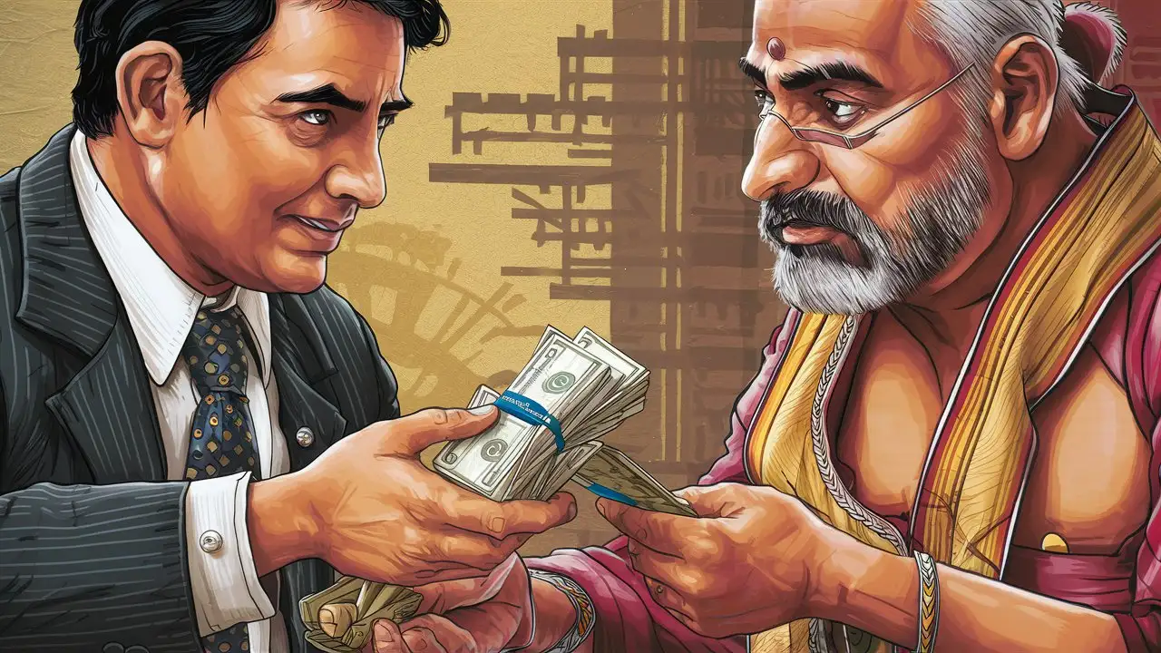 close up shot of a business man and indian leader wearing dhoti kurta, exchange money and paper together