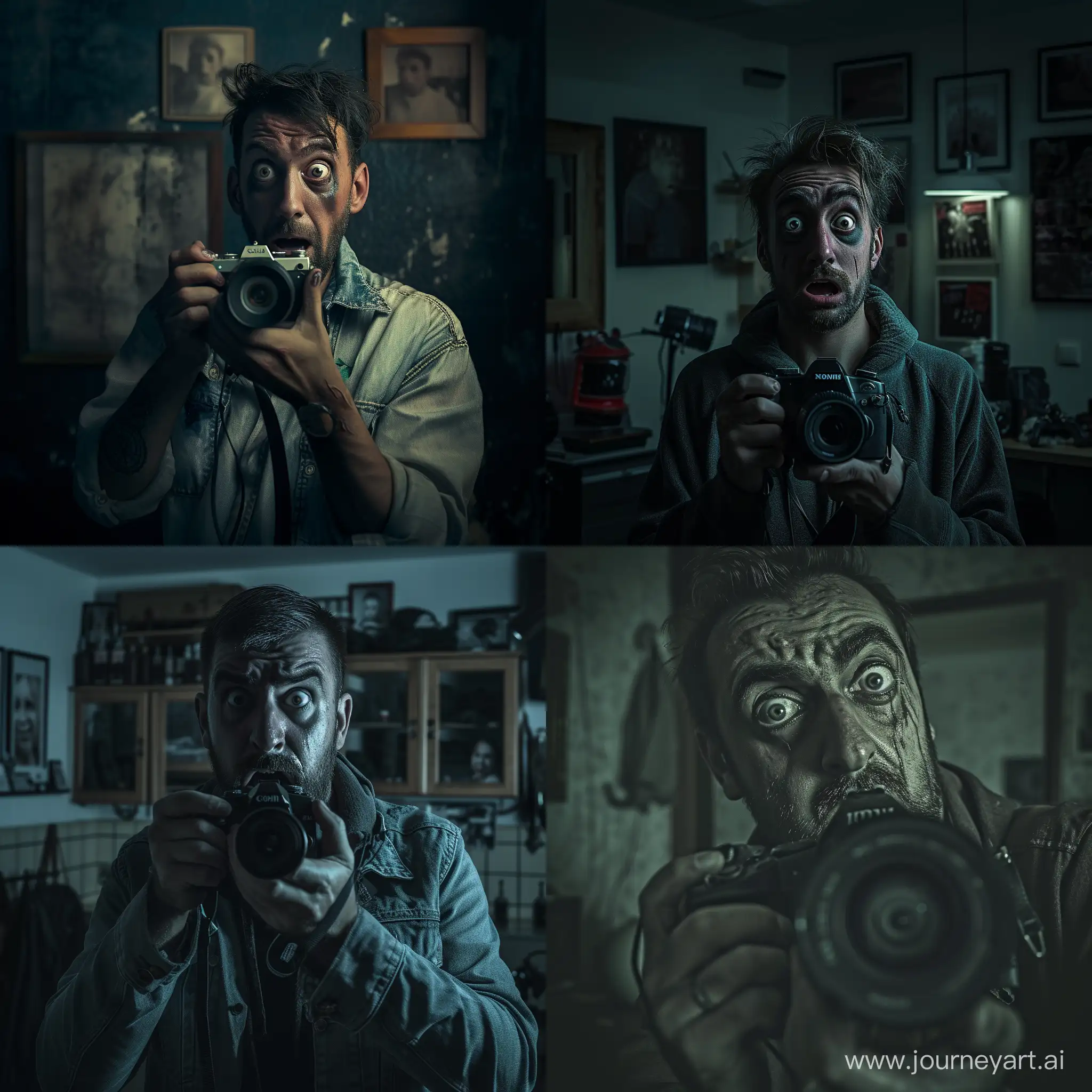 darkness, fear, Man in photo salon, photographer looking at camera with frightened look, gloomy atmosphere, hyper realism, 8K image quality, ultra detail