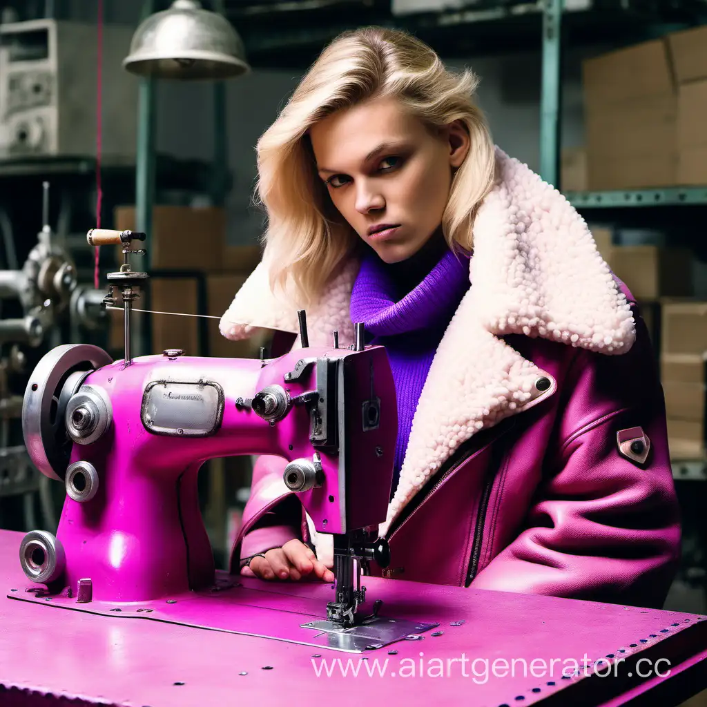 Fashionable-Couple-Sewing-with-Industrial-Machines-in-Stylish-Pink-and-Purple-Attire