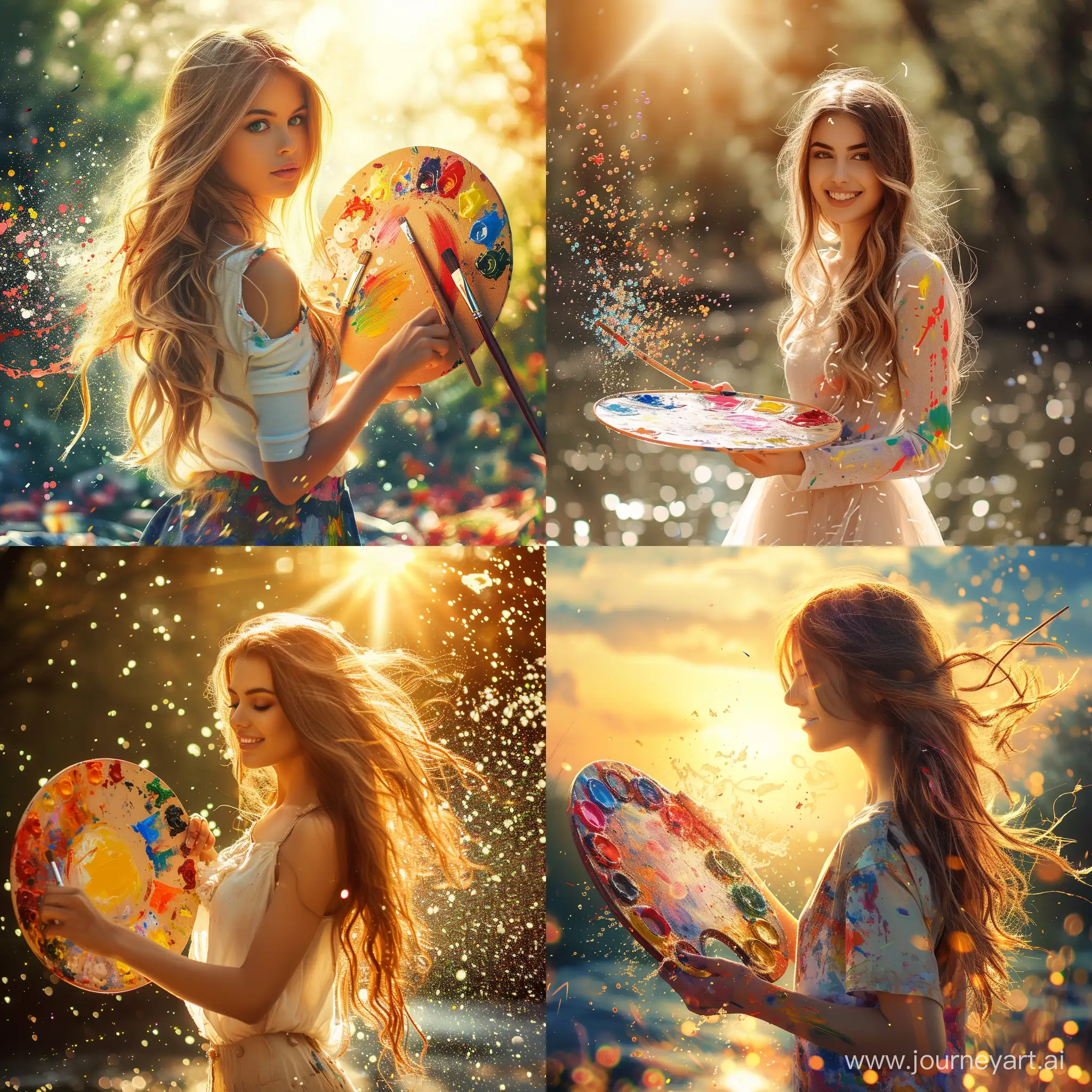 Красивая девушка, держит палитру и краски, светит солнце, брызги красок