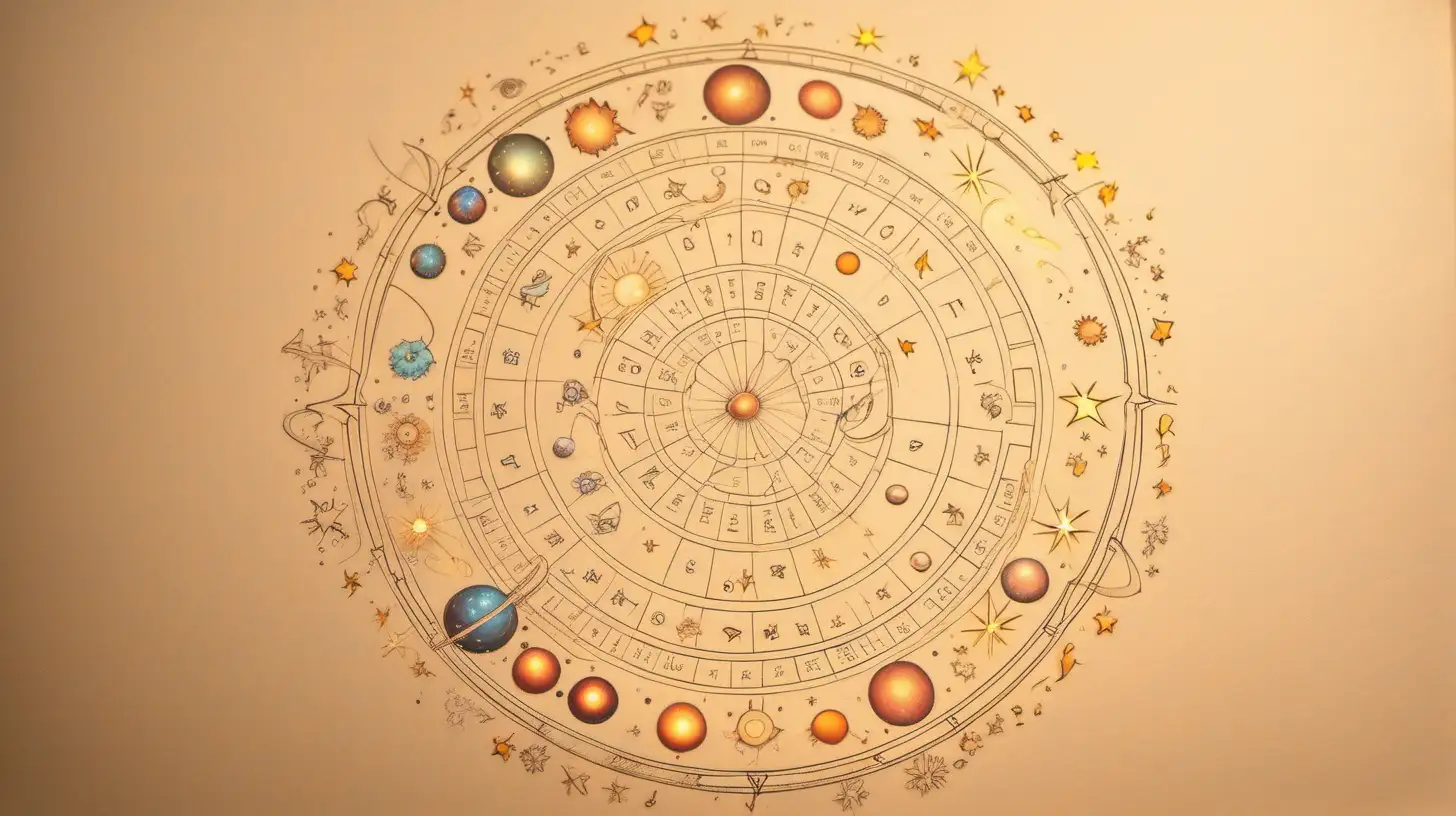 Glowing Planets and Astrological Wheel with Luminous Flowers on Light Beige Background