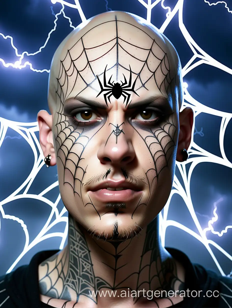 готический лысый молодой парень с татуировкой на лице в виде паутины от одной щеки до другой и молнией на левой стороне лица размер квадратного изображения