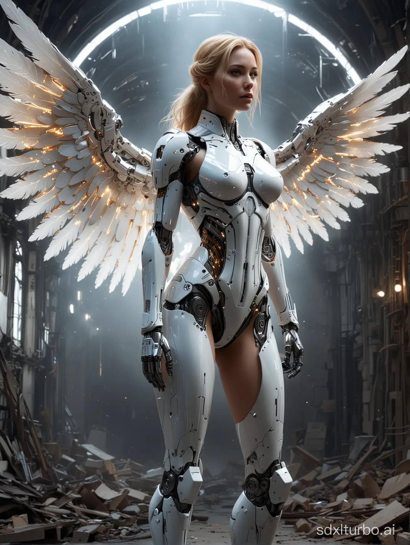 In this ultra-highly detailed 8K CG wallpaper, a female cybernetic angel stands tall amidst a landscape of ruins, gracefully poised in mid-air as she gazes downward upon her audience. The composition is bathed in a bright white theme, evoking an atmosphere of purity and celestial sanctity.
This celestial being features a fully mechanized construct, intricately designed to the most complex degree, with pristine white skin and matching mechanical wings that radiate luminescence. Captured in a cowboy shot perspective, viewers gaze upward to admire her elongated, elegantly posed legs.
An ethereal, glowing halo hovers above her head, reminiscent of a true heavenly entity. Despite her mechanical nature, she appears strikingly lifelike, complete with realistic breasts and golden locks framing her face as she fixes her gaze directly at the viewer.
Clad in a futuristic, clean, modern, simple yet elegant Mecha Iron White Porcelain Armor, the angel embodies science fiction elements. Her armor boasts intricate mechanical components, dark cybernetic auras around the robot joints, and multi-line lighting that enhances the contours of her form.
Her body is adorned with e-skin embedded with circuitry and features an aperture-like, glowing circular space-time tunnel. A vast window behind her reveals a glimpse into the cosmos, adding depth and grandeur to the scene.
Rendered in meticulous detail using ambient occlusion techniques, the artwork highlights the nuanced shadows and interplay of light across her body. Multi-lights illuminate her form, casting dynamic shadows and emphasizing the holographic projections and glowing text inscribed onto her thighs.
In summary, this masterpiece presents a technologically advanced cyborg angel in a setting that seamlessly integrates religious iconography with cutting-edge sci-fi design, showcasing the pinnacle of artistic quality through its incredibly detailed, super-complex visual narrative.