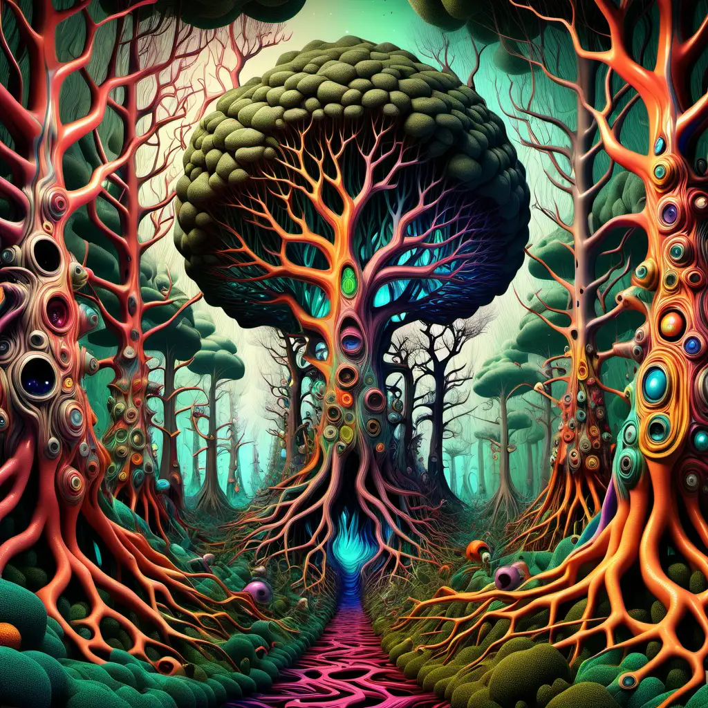 En psykedelisk och surrealistisk skog, träden är väldigt snirkliga och organiska, det geometry, brain, chemical molecules, human anathomy, serotonin, chemistry, THC, metaphysics, organic shapes melting, art piece, high detailed, 3D massor av ögon och öron på träden, det är morbid stämning, 