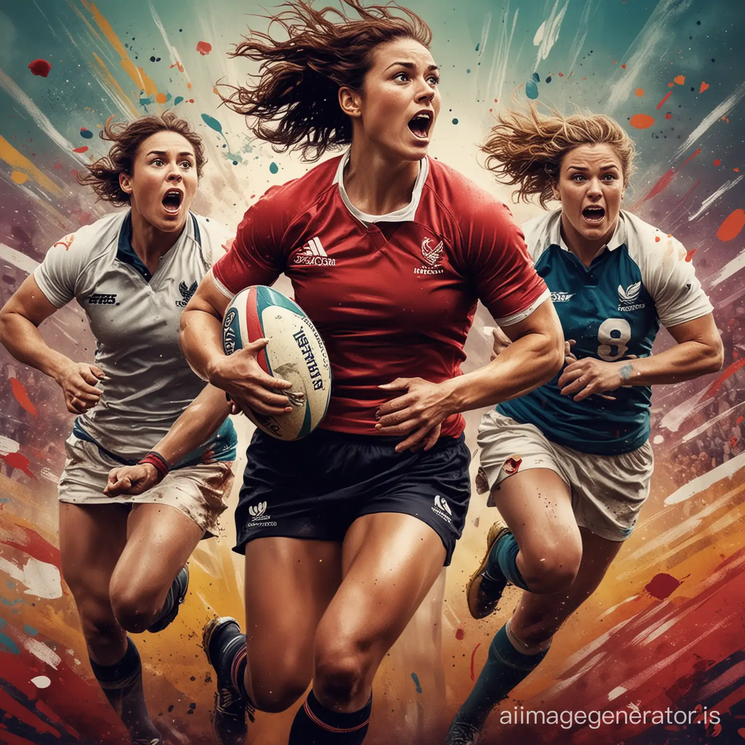 A striking movie poster for "The Art of RUGBY" features a diverse group of RUGBY WOMEN icons, each holding a unique work of art that symbolizes their respective movements and struggles. The background is an energetic and bold color palette, with a mix of abstract and realistic art styles. The overall atmosphere of the poster is inspiring and empowering, as it celebrates the power of art and creativity in the face of adversity.