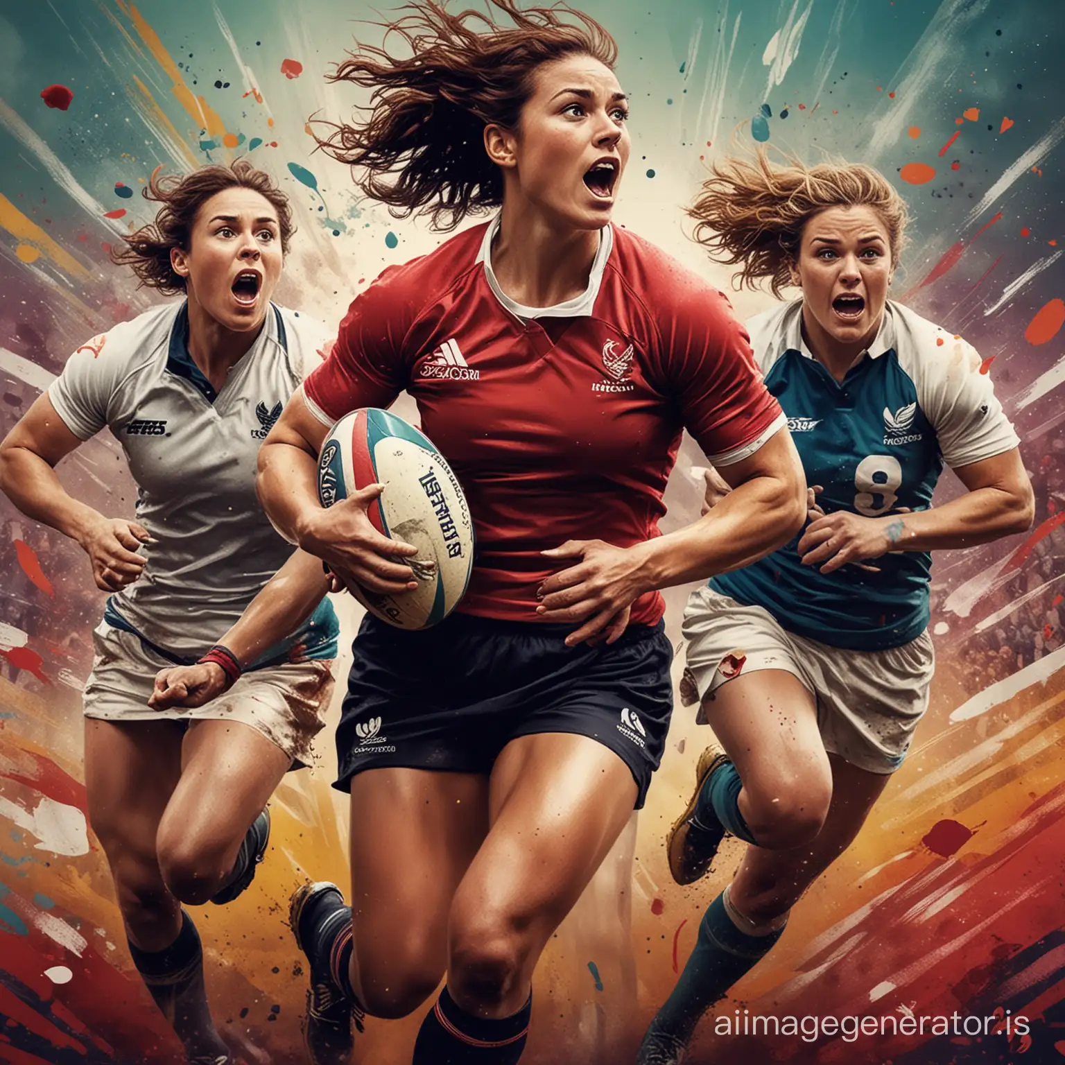  A striking movie poster for "The Art of RUGBY" features a diverse group of RUGBY WOMEN icons, each holding a unique work of art that symbolizes their respective movements and struggles. The background is an energetic and bold color palette, with a mix of abstract and realistic art styles. The overall atmosphere of the poster is inspiring and empowering, as it celebrates the power of art and creativity in the face of adversity. 