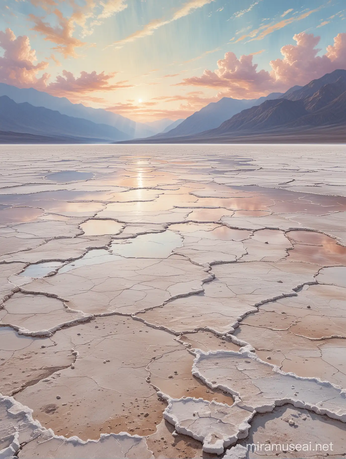 Highly detailed painting, wide view of Badwater Basin, focus on the clouds in the sky, use muted pastel colors only, high quality