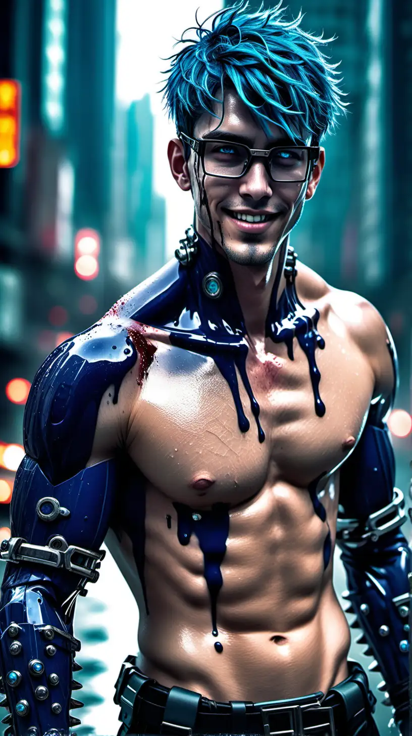 a handsome shirtless dripping wet bloodied male android hunk gives a comforting smile after barely survived an intense battle
facial features: glowing aquamarine eyes, short spikey navy blue hair, stubbles, 5 o'clock shadow, hairy chest
attire: glasses, futuristic bracelets and leg armor