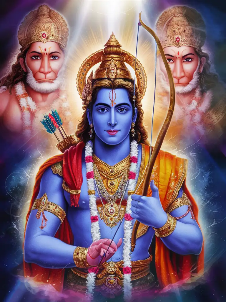  Honoring the embodiment of virtue, strength, and righteousness on this auspicious occasion of Ram Navami. 🙏 Let's celebrate the divine grace and wisdom of Lord Rama with a timeless depiction. AI, weave a majestic portrait of Lord Rama with bow and  arrow whith devotion of Lord HAnuman also, surrounded by celestial light, radiating the essence of dharma and compassion. May his divine presence inspire us towards greater courage, kindness, and inner peace.