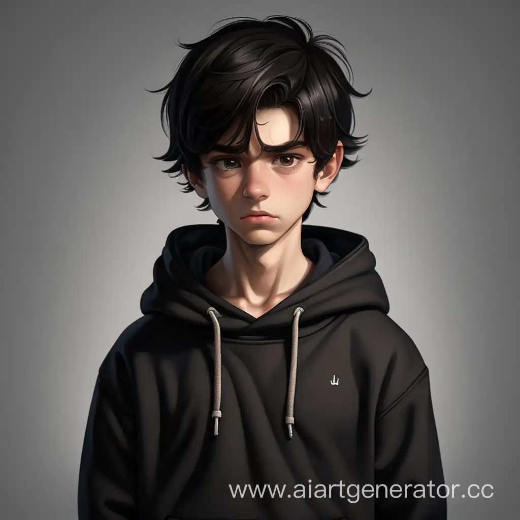 A tired dark-haired boy in a black hoodie looks straight