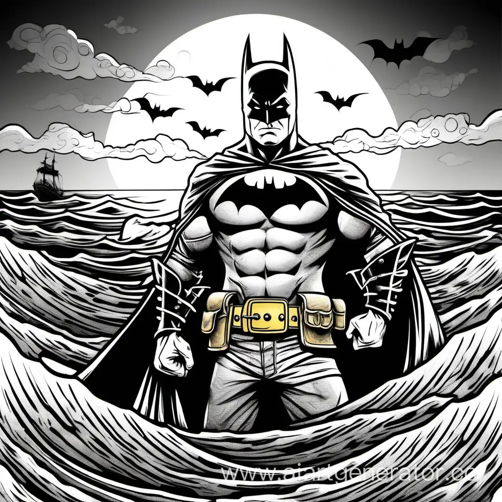 Batman with a pirate eye patch, sea, sunset, line art, coloring book style, black and white