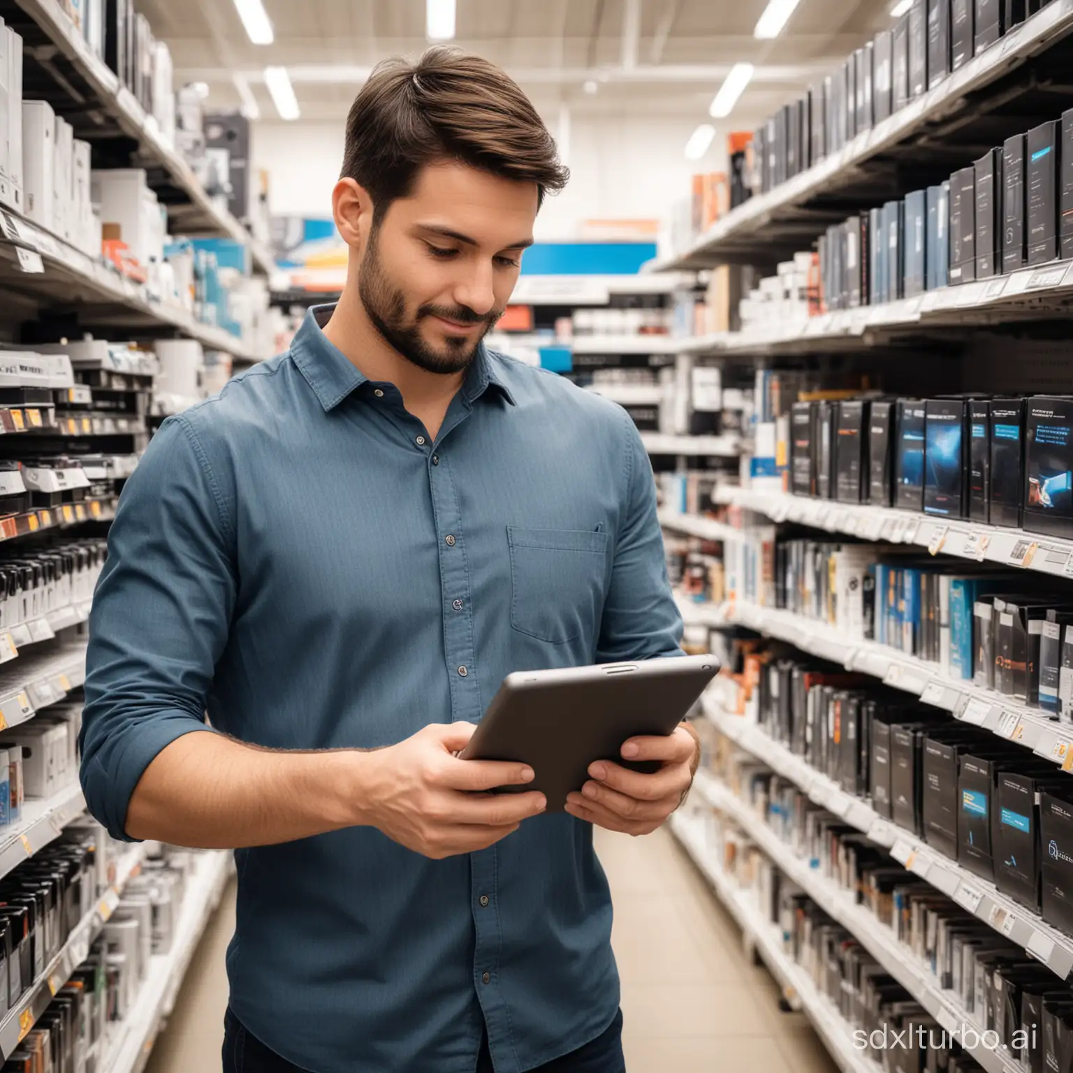 Tech smart retail store, a customer in front of the merchandise aisle, next to the salesperson holding a tablet, looking at data, high quality, professional photography.