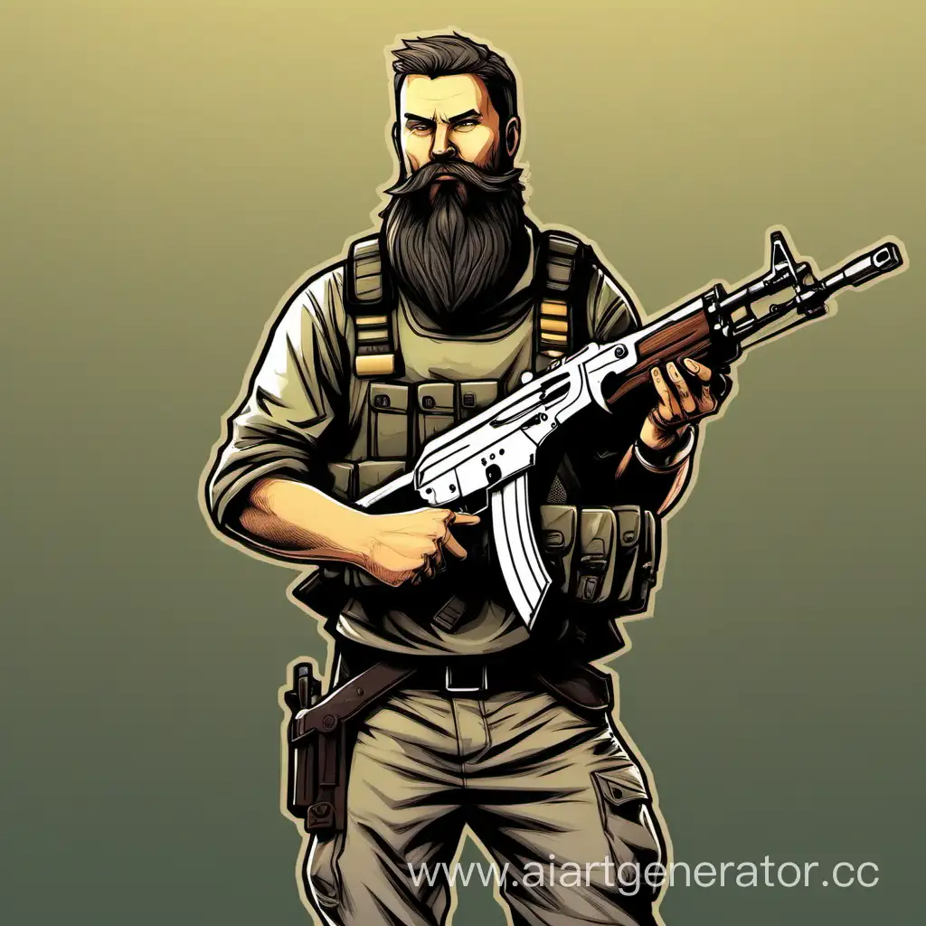 Персонаж c бородой в возрасте, который стоит с АК-47, стилизация Counter-Strike задний фон