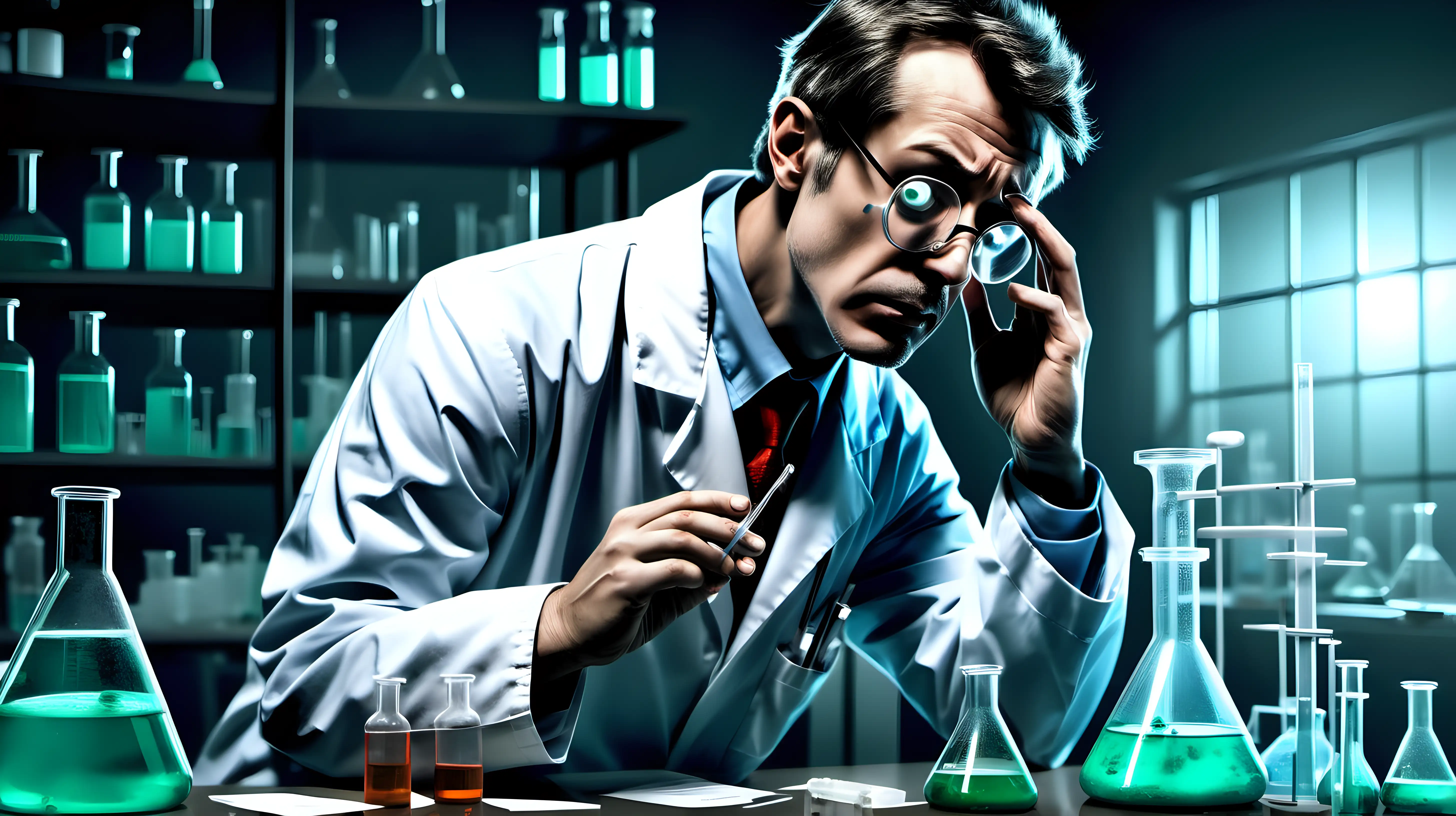 Illustrate a scene of a scientist in a lab conducting experiments, wearing a lab coat and showing signs of exhaustion, emphasizing the rigorous and demanding nature of scientific research.