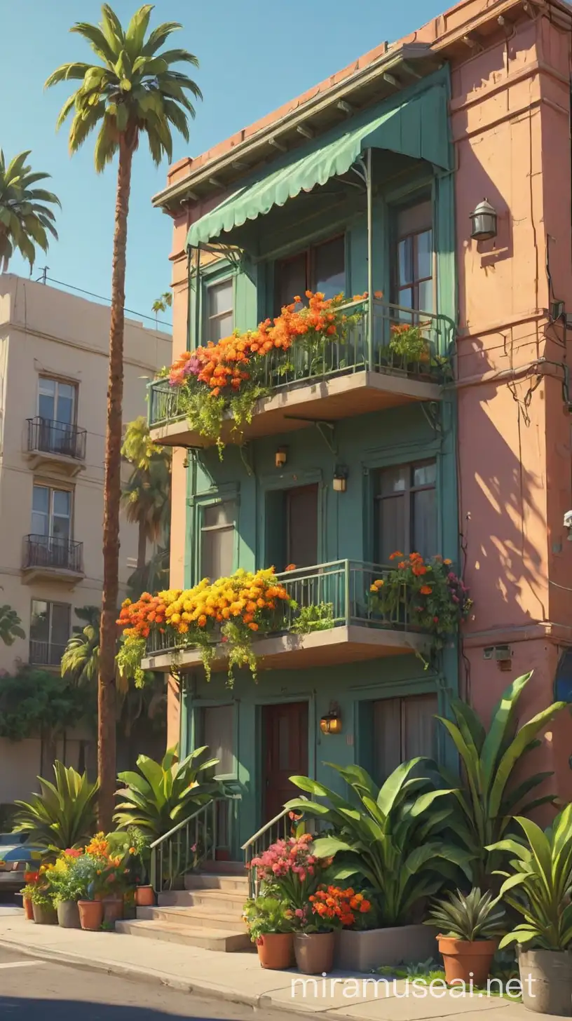 create a casual background of L.A city small building apartment, some flowers. plants and palm trees, casual game colors atmosphere, pixel perfect, 4k, high resolution