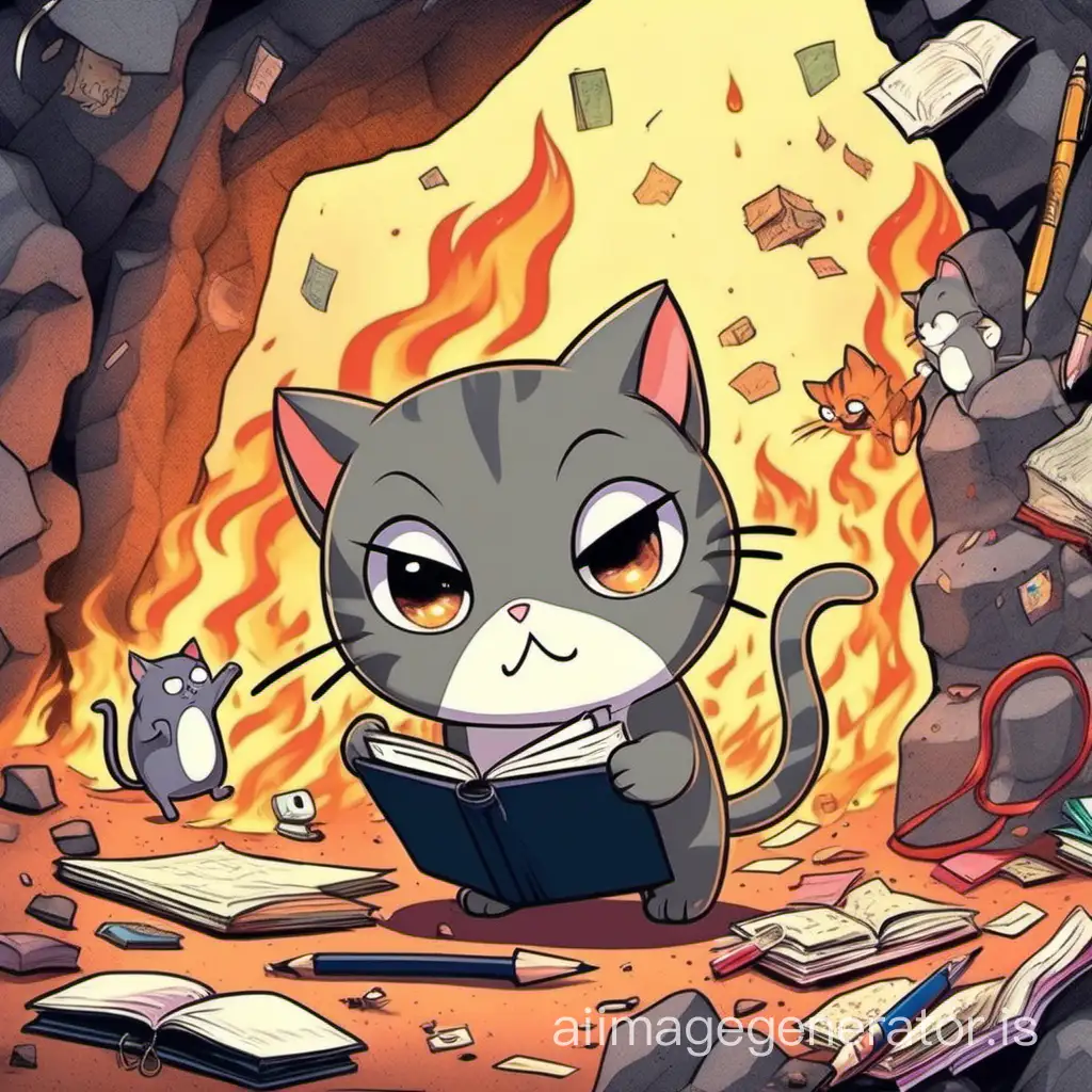 tiny cute cat leaving dirty cave doing so many hard assignment and get angry at school and imagination about burning school more and more crazy and next to cat there is a scared mouse.