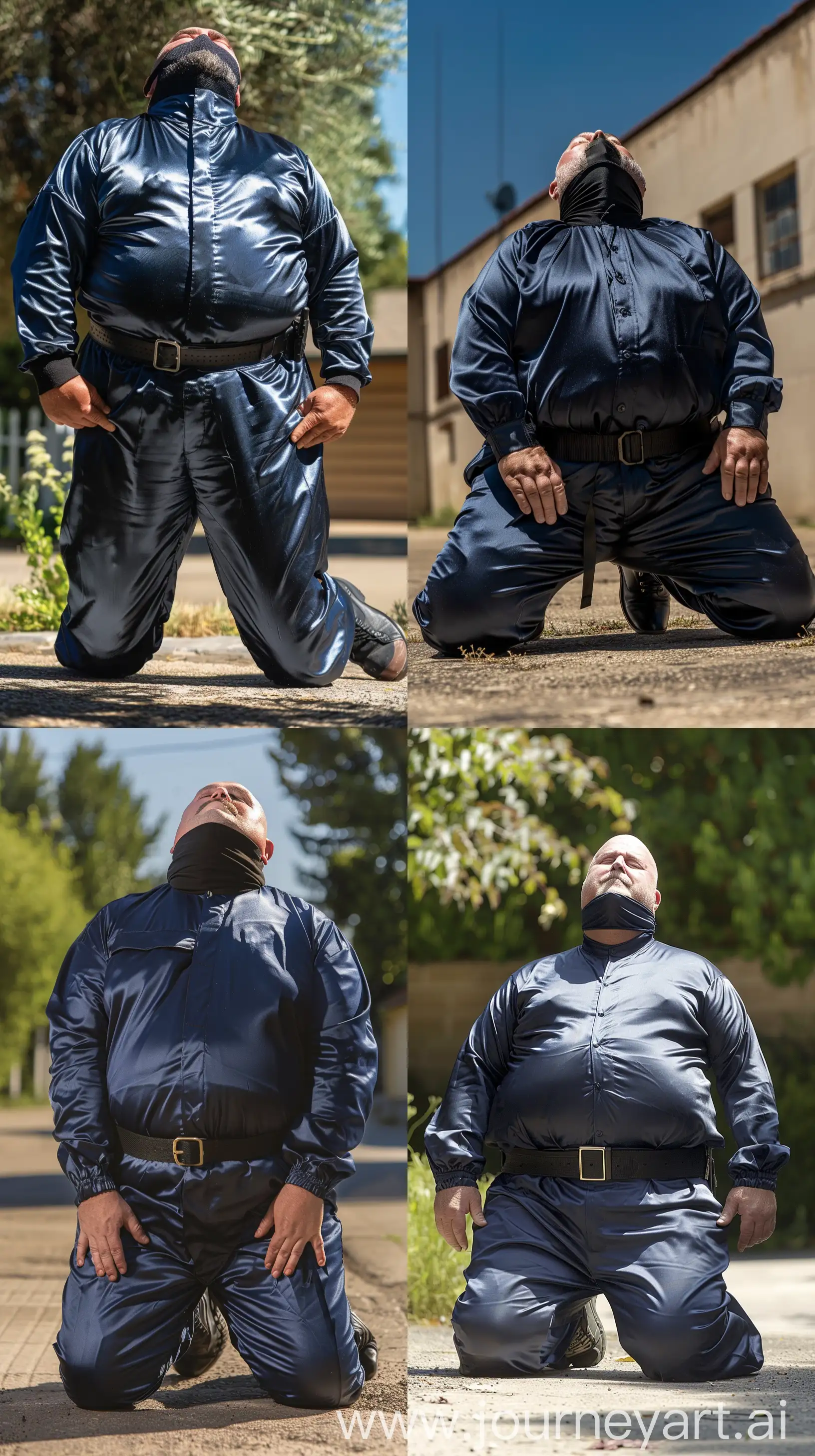 Front close-up photo of a fat man aged 60 wearing silk navy blue security guard battle very tight coverall and a silk balaclava. Black tactical belt and boots. Falling on his knees on the ground looking at the sky. Hands behind his back. Outside. Bald. Clean Shaven. Natural light. --ar 9:16