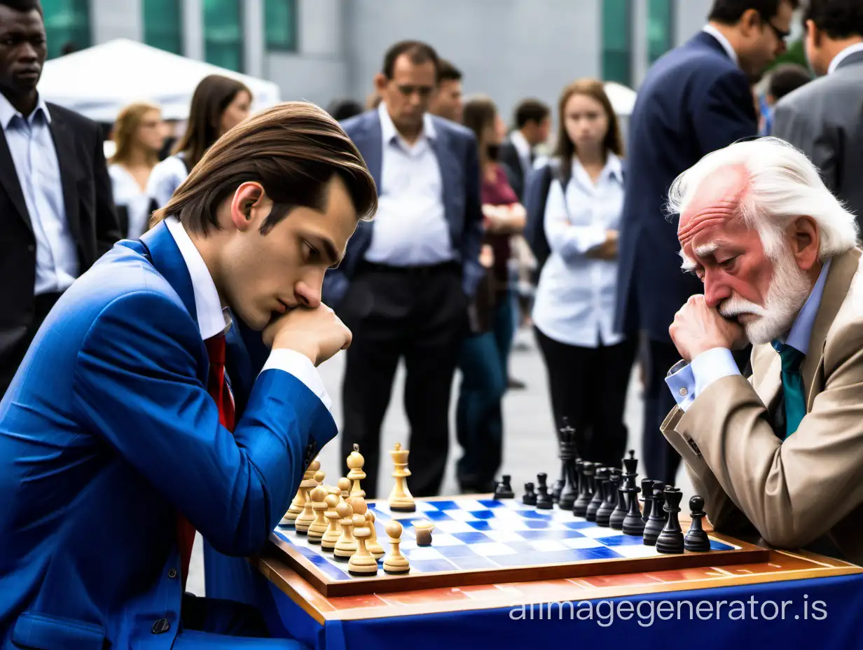Two very smart chess players are playing the last game. One very cool young chess player with a ponytail is thinking about the game and looking at the chessboard at the World Chess Championship in a blue suit, white shirt, and tie, while the other is an old man sitting back in brown suspenders and a white shirt without a jacket on his head and holding his head, realizing that he has lost, realistic. In the background, other people are playing chess and reporters are walking around.