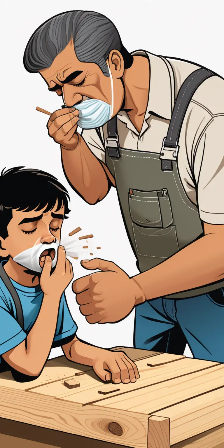 Illustration of Hispanic father who looks 55 is in the middle of working on a woodworking project and his son is coughing, covering mouth. Father looks worried, guilty, or ashamed