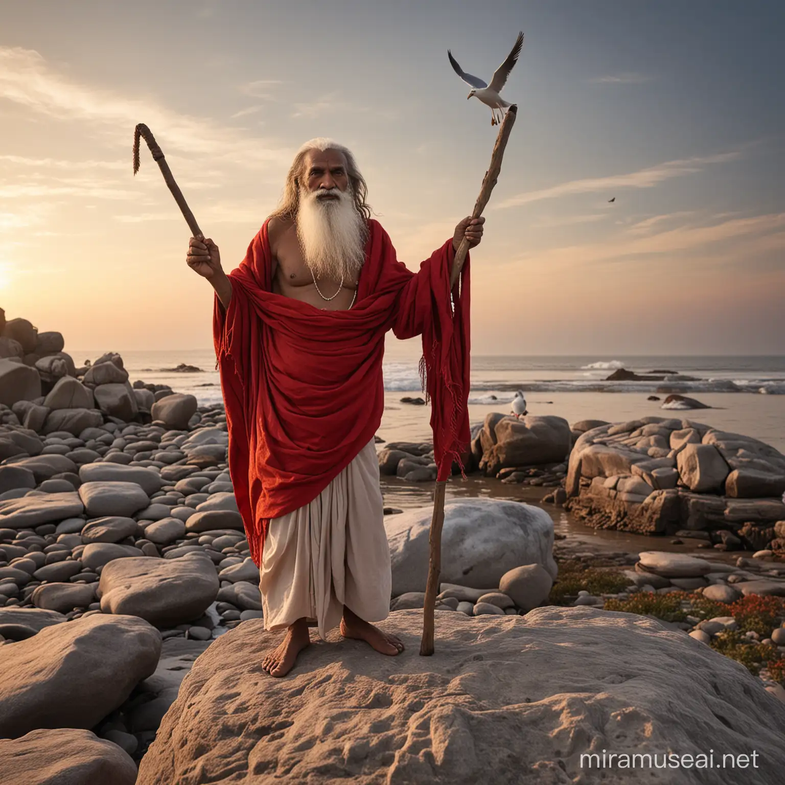 sadhu 80 years old white skin with hair and longbeard wearing a red cloth holding a stick is standing on a stone rock by sunset light sky with some seagullsflying around full boxy fotorealistisch fuji xt3