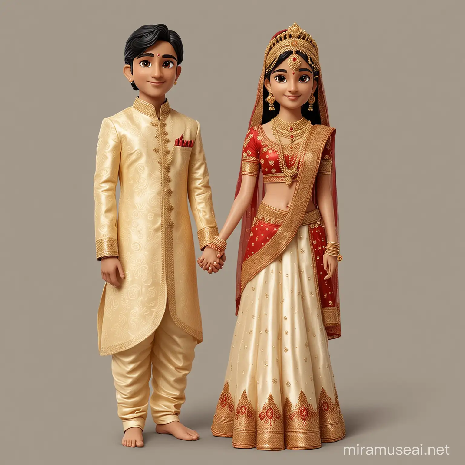 Indian cute wedding bride and groom with full gold ornaments standing with holding their hands no background 