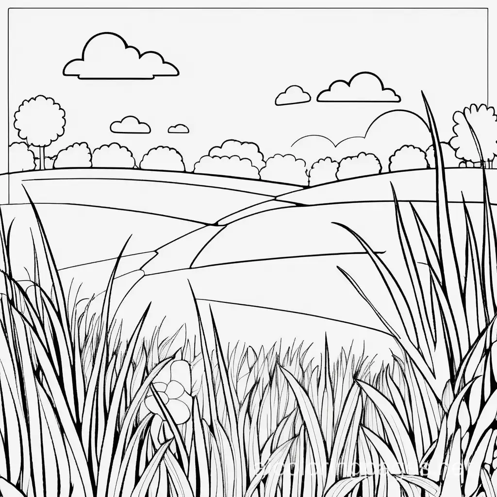 grass field, Coloring Page, black and white, line art, white background, Simplicity, Ample White Space. The background of the coloring page is plain white to make it easy for young children to color within the lines. The outlines of all the subjects are easy to distinguish, making it simple for kids to color without too much difficulty