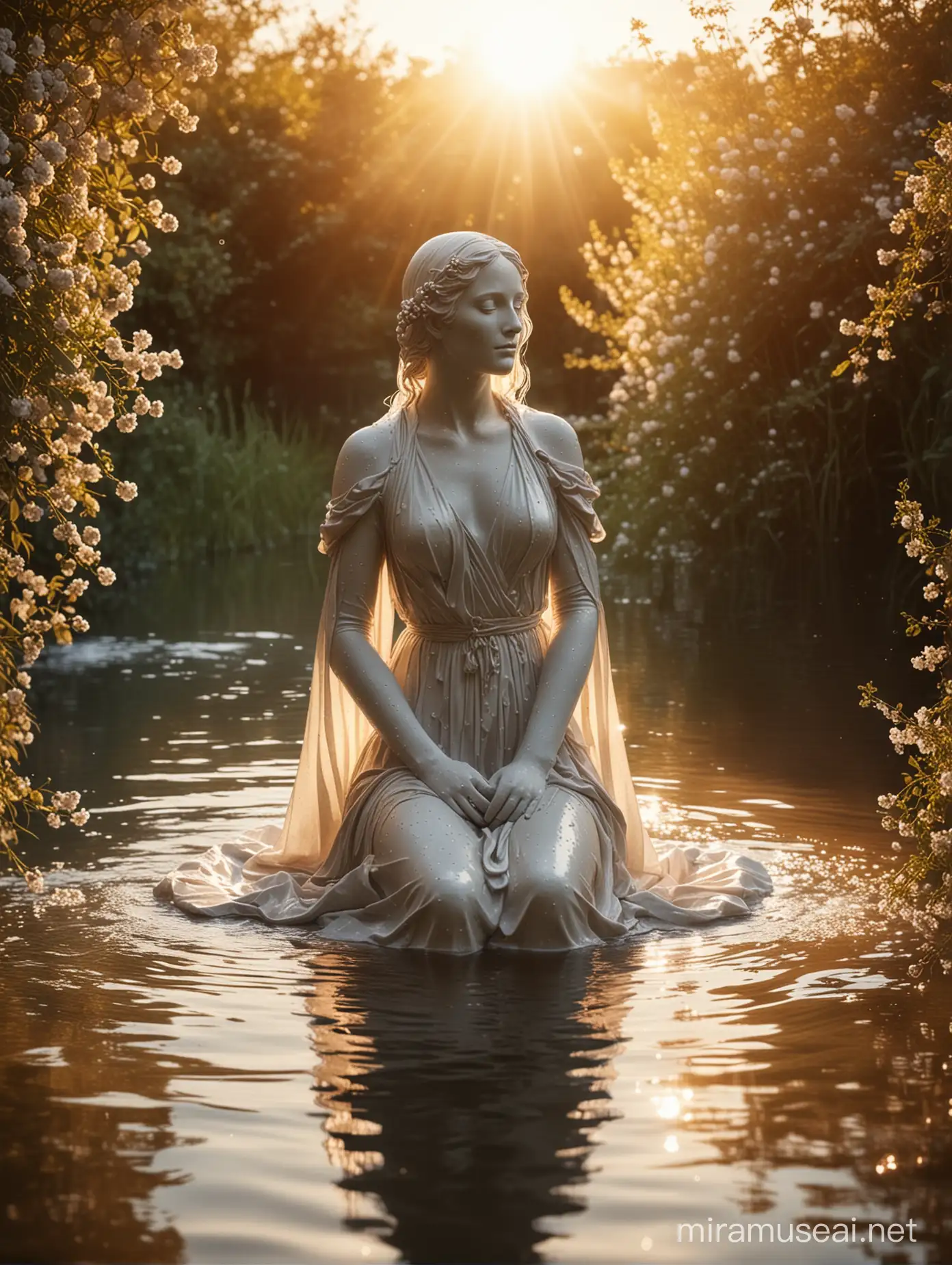 sculpture of a plaster human woman dressed in a smooth cloak of the same material, soft skin, sitting in the water, berry flowers around, sunset and soft sun rays in the background, cinematic and smoothed photography