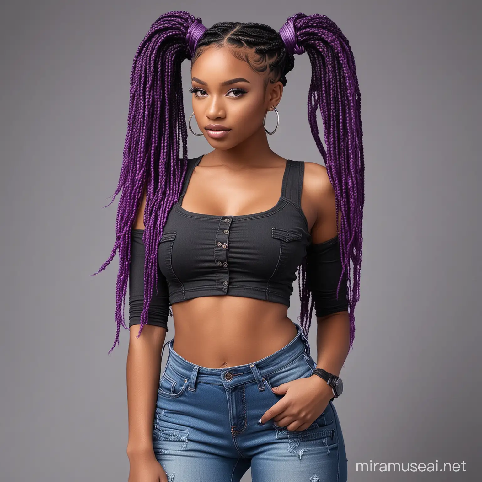 Stylish Black Woman with Purple Braids in Denim Attire