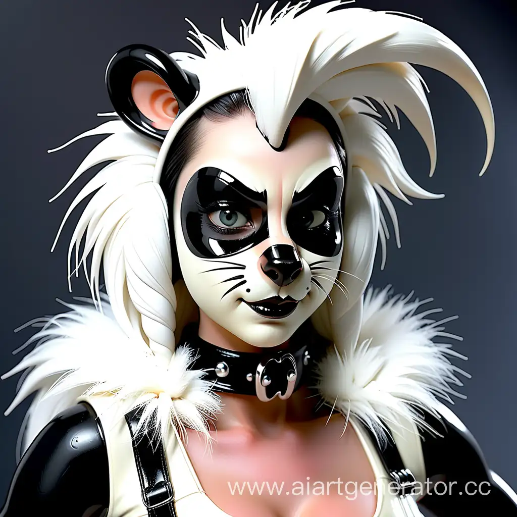 Latex furry skunk lady with white latex skin with a rubber skunk muzzle in skunk makeup