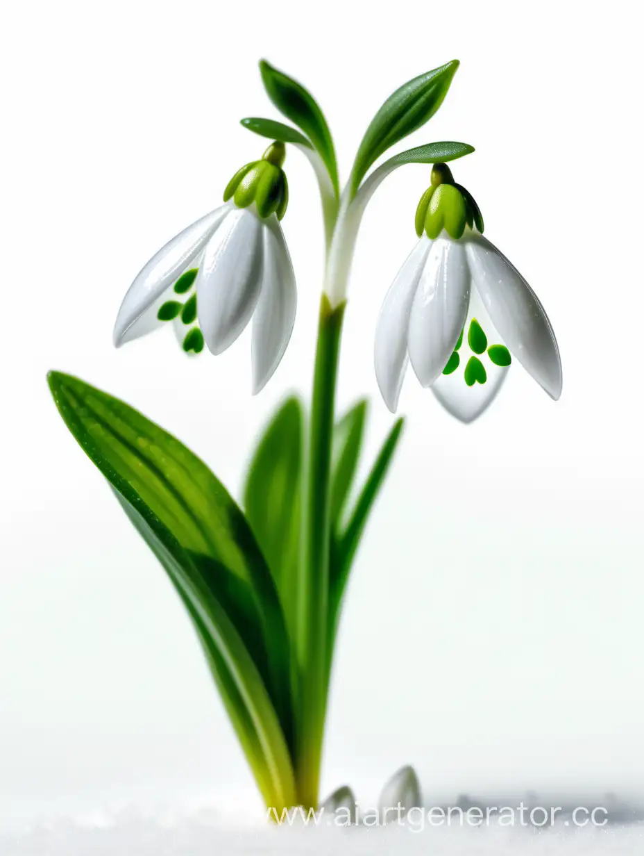 Snowdrop wild flower 8k ALL FOCUS with natural fresh green leaves on white background 