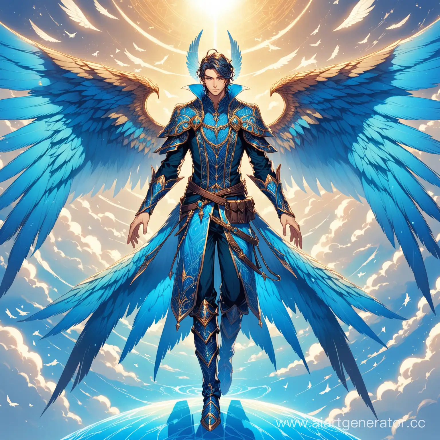 Персонаж мужчина в фентези наряде много деталей и разные ракурсы синие оттенки с крыльями