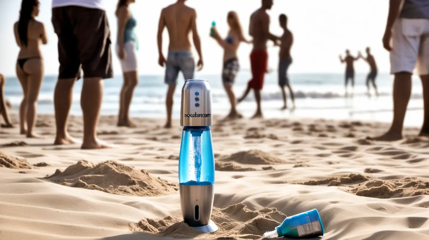 sodastream at beach, dug into the sand partly, people playing games in background
