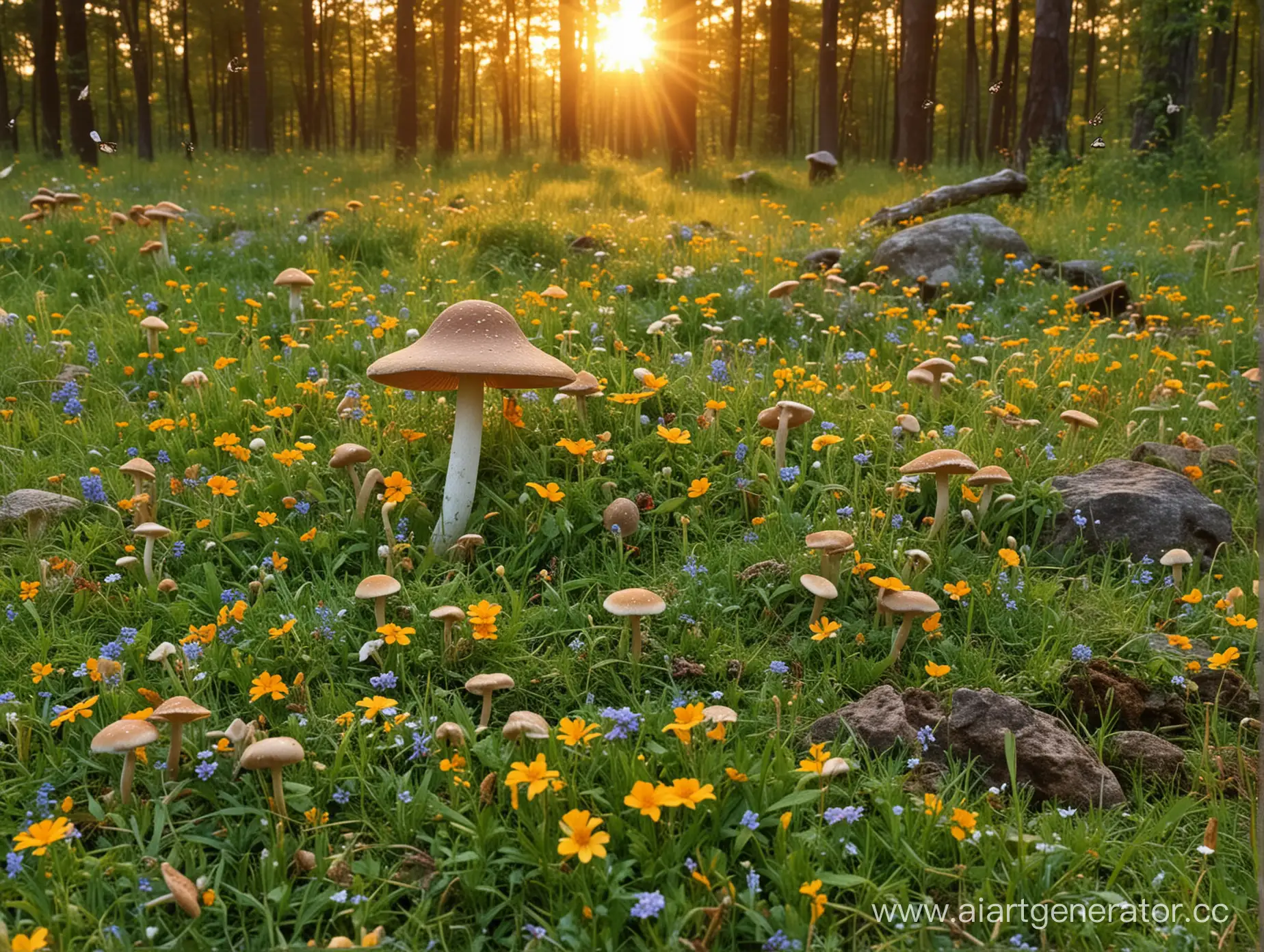 Tranquil-Forest-Sunset-with-Wildlife-and-Mushroom-Gatherers