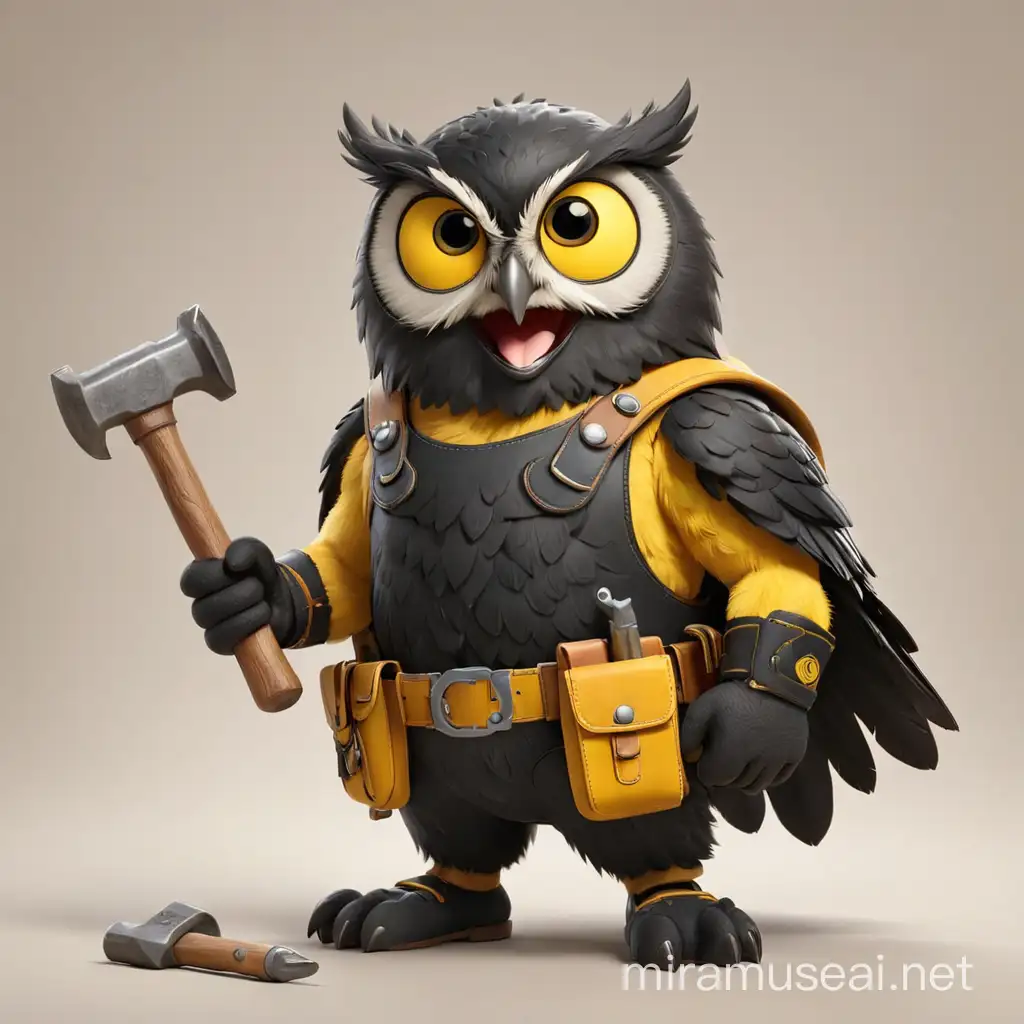 Cheerful Yellow and Black Owl Wearing Toolbelt and Hammer