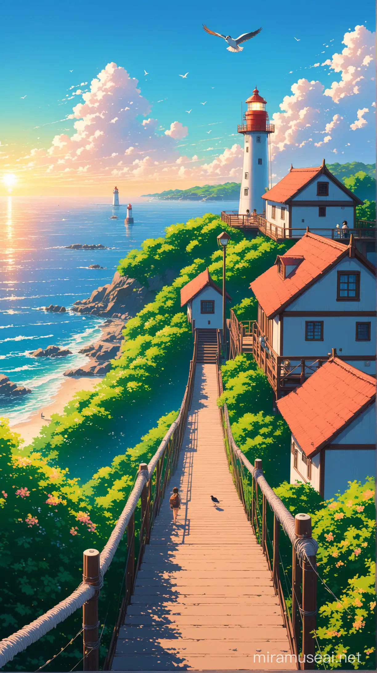 See from high hill path staircase to the pier, lighthouse, sea, fishing village with green bush with vibrant variant flowers to the beautiful vibrant morning sky and fluffy clouds,  a boy student and a girl student , wire and pole, birds perched on wire, Ultra detailed, render 8k, stable diffusion, acrylic palette knife, anime, makoto shinkai style, ghibli style, mystica_meta style, full shot photography style, majestic, ultra detailed, trending pixiv style,