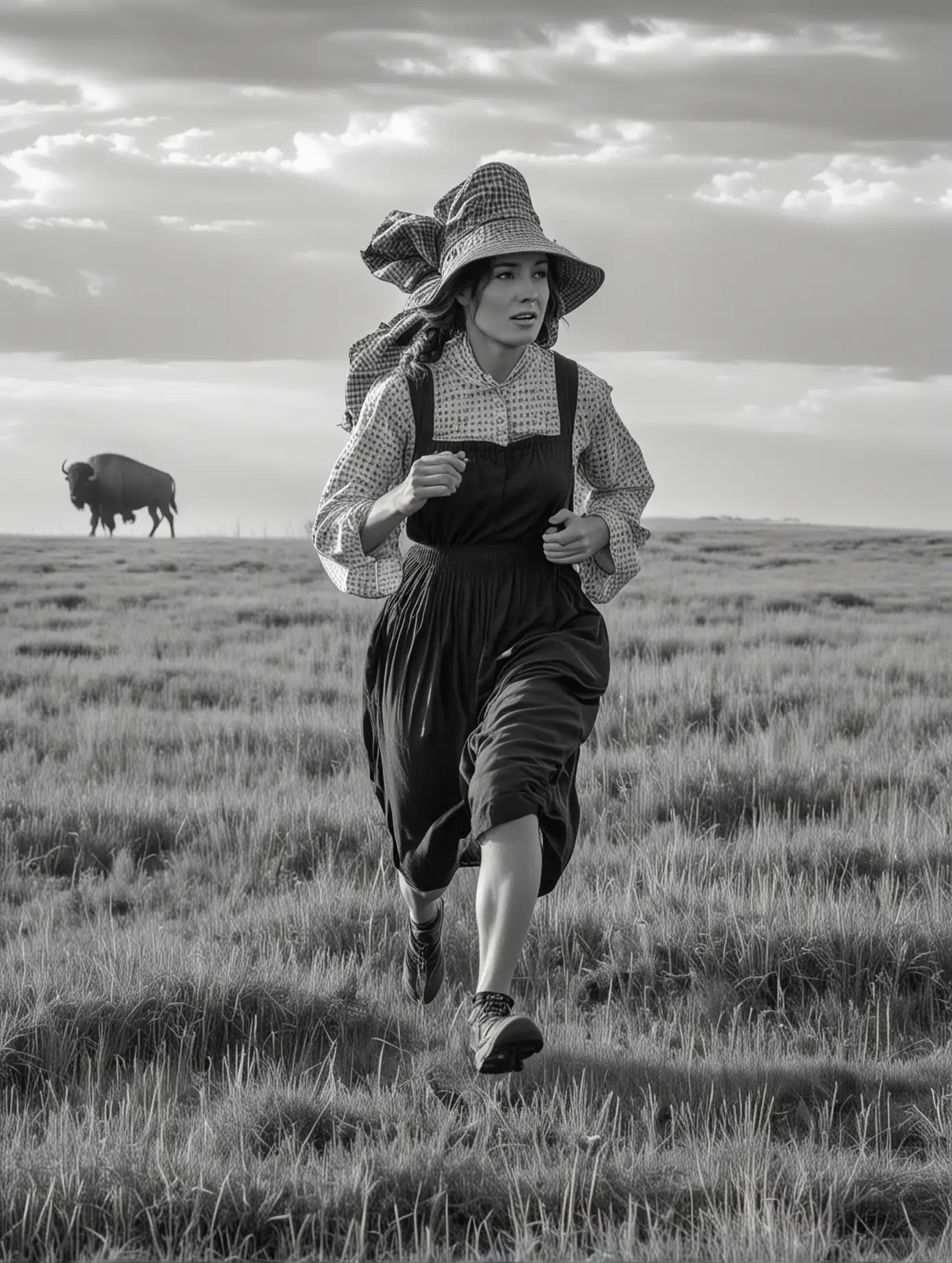 A woman runs through the prairie. She is a pioneer and wears a bonnet. There are buffalo in the background. She is seen from the side. In black and white. 