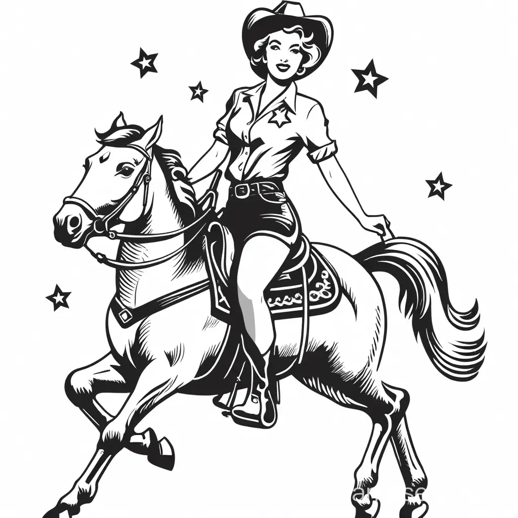Vintage design, stencils, simple, minimalism, vector art,, Pinup style, Sketch drawing, flat, 2d, vintage style, Vintage lady Cowgirl riding horse ,overview , black and white color