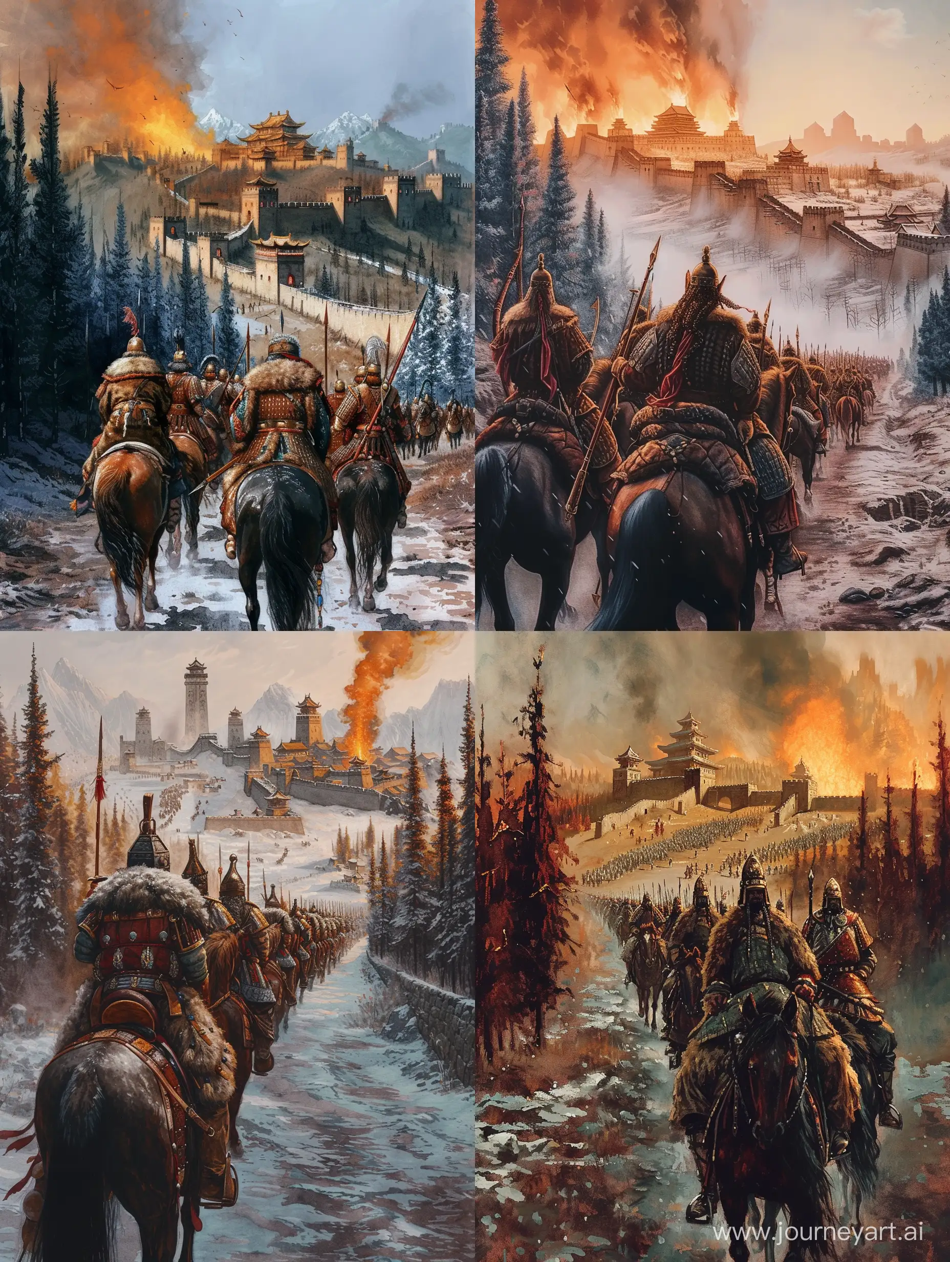 Cinematic realism by gouache, Majestic scene of ancient Mongol warriors marching away, mongolian commanders in luxurious winter attire riding horses close-up, Ancient chinese city with high walls and tall towers in the distance, fire and smoke, steppe environment with forests and high mountains, cinematic lighting and layout