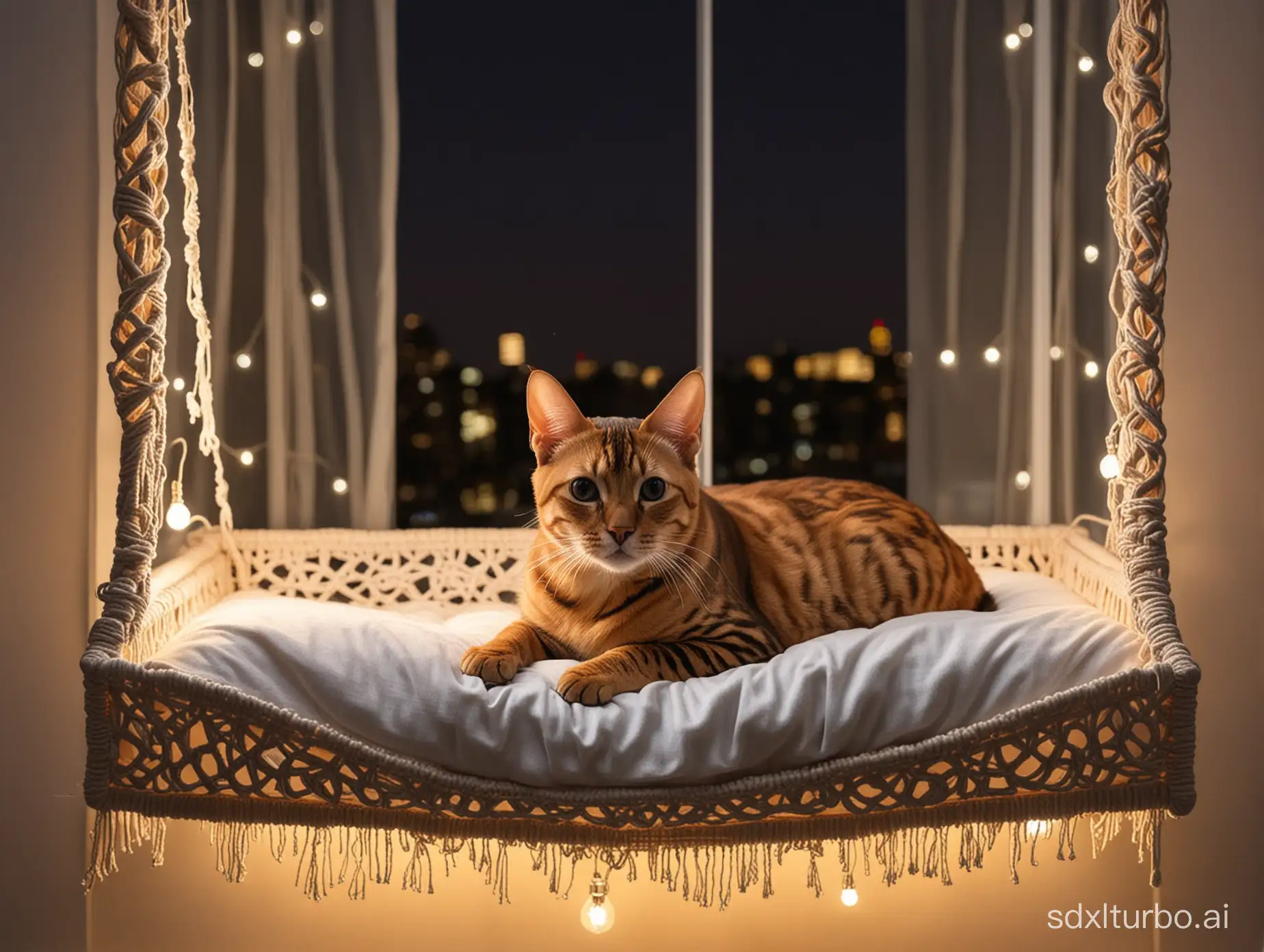 cat macrame window bed Bengal cat on night soft light boho style