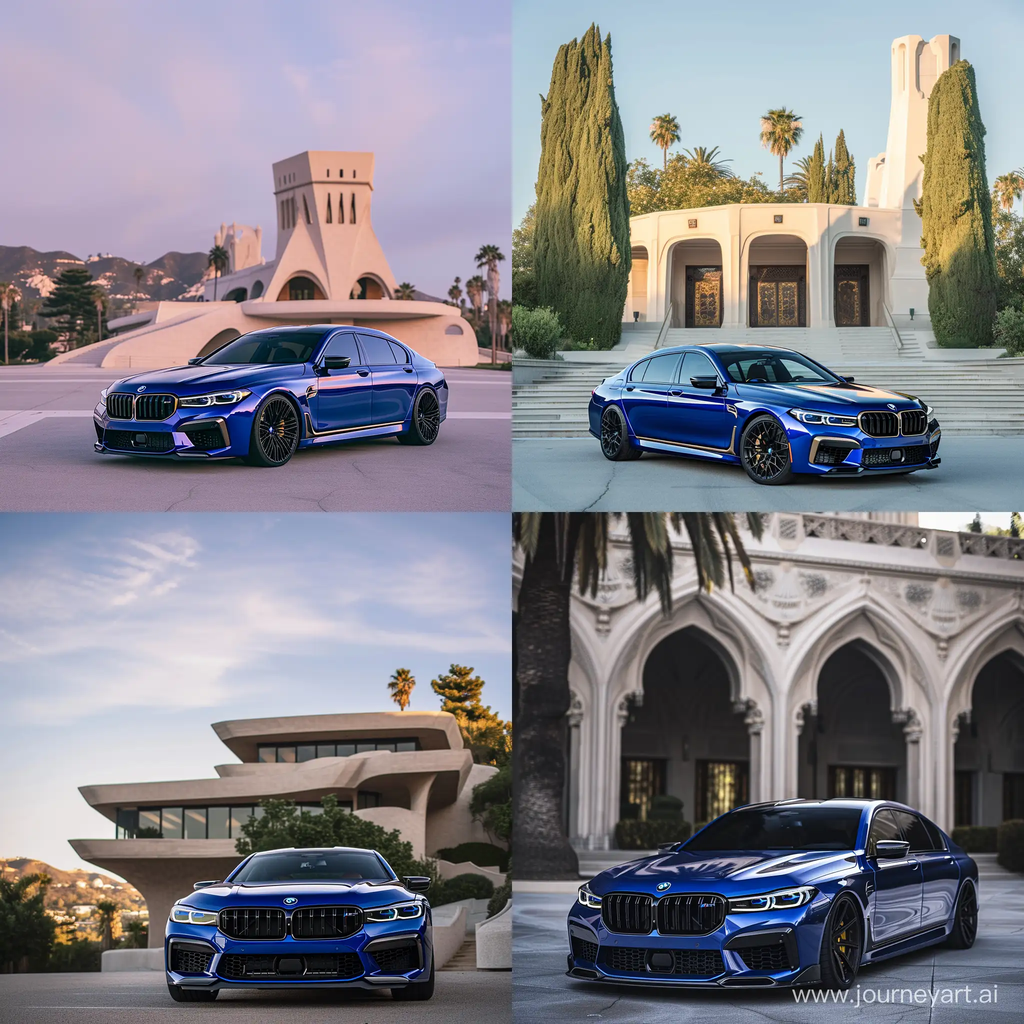 Professional Photography of: Blue BMW M7 Parking Front The Luxury Building Designed by Richard Neutra, Natural Details and High Precision, Upscale to 8k