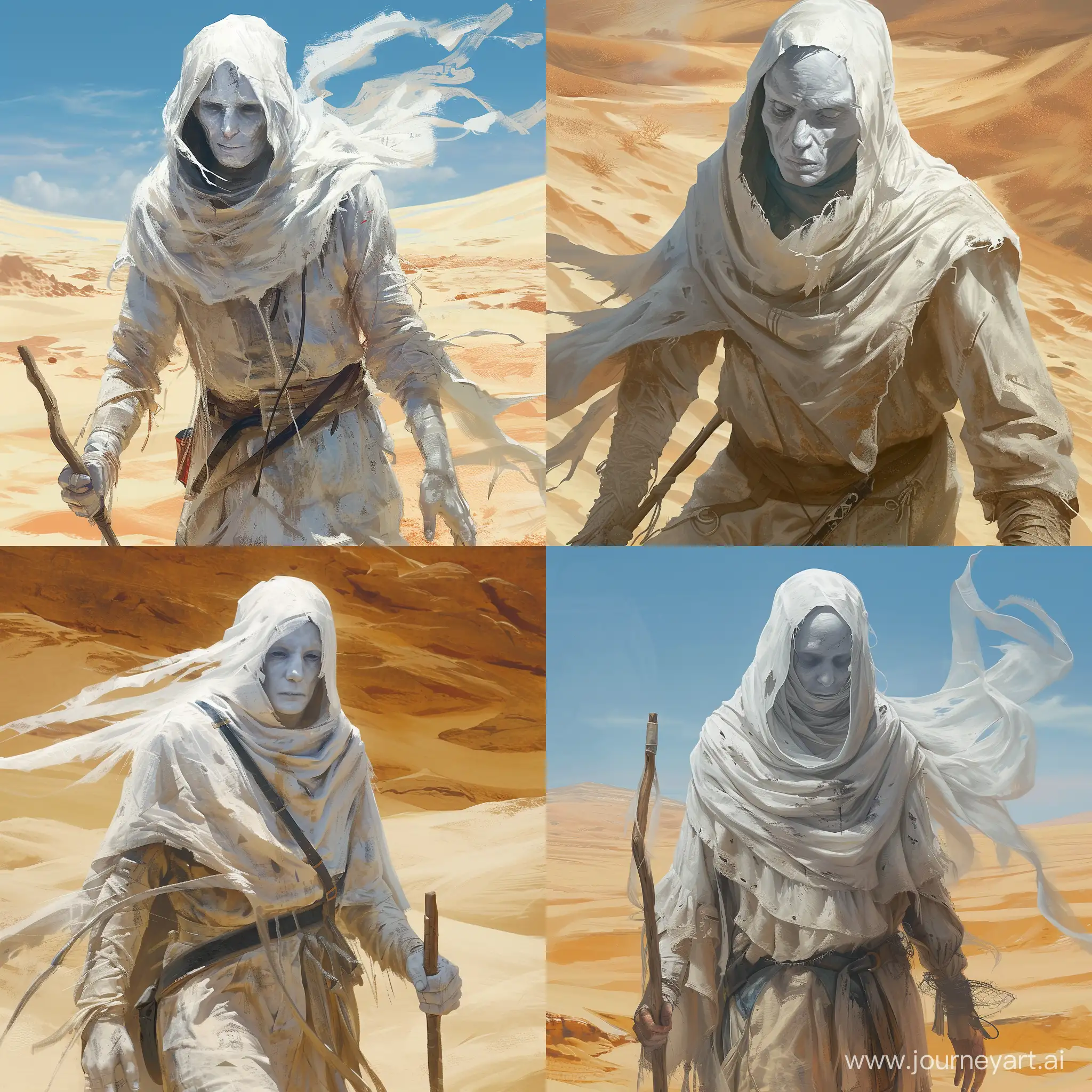 Draw a character from the Dungeons and Dragons universe according to the following description: He is a  male changeling dressed in old dusty travelling clothes of white color. His head with silver hair is covered with a white hood, his ghostly white face is clean shaven with a kind faint smile, his eyes are blank white. He is making his way through the desert with a walking stick in his hand.